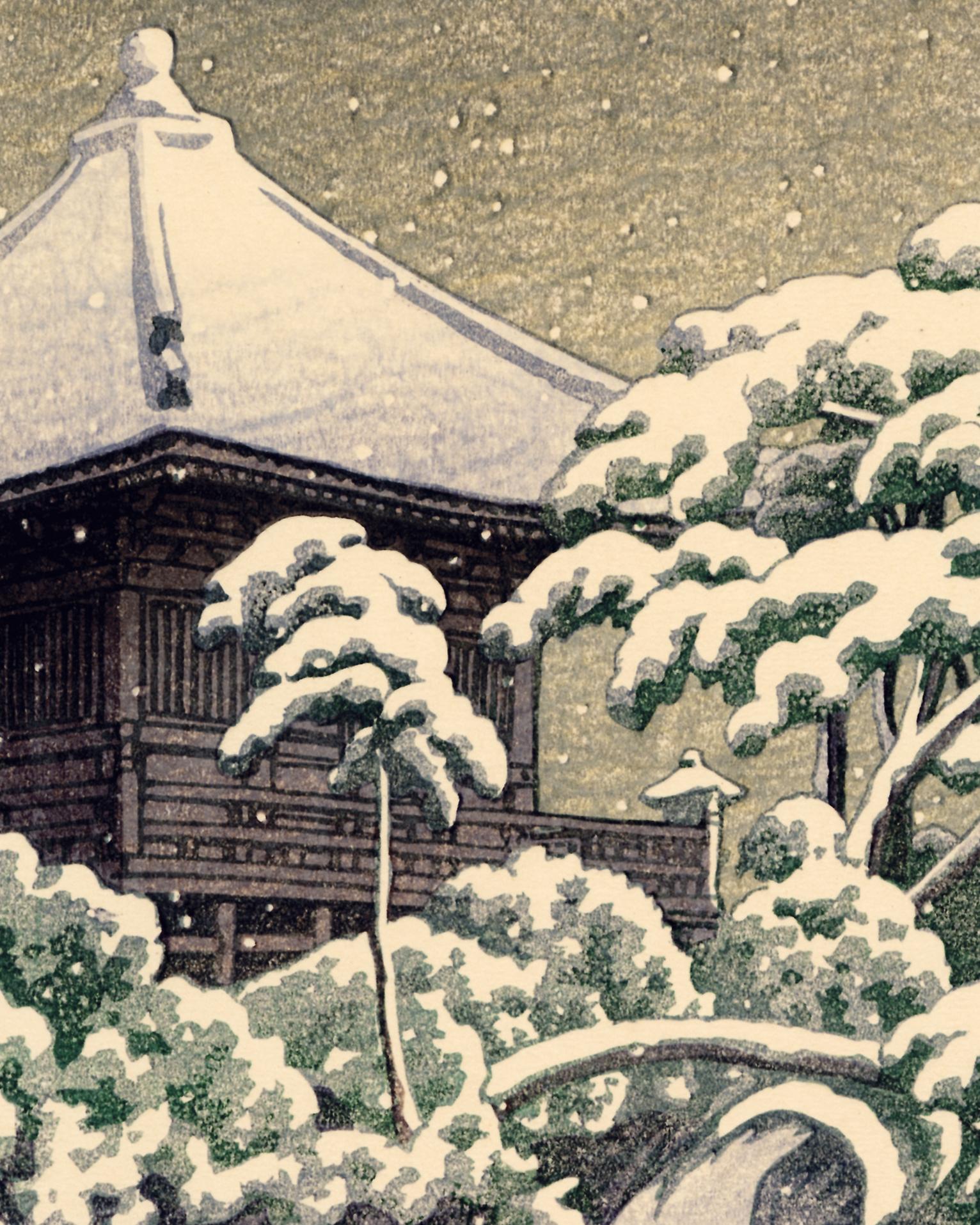 Snow at Godaido Temple in Matsushima, 1st Edition - Beige Landscape Print by Kawase Hasui