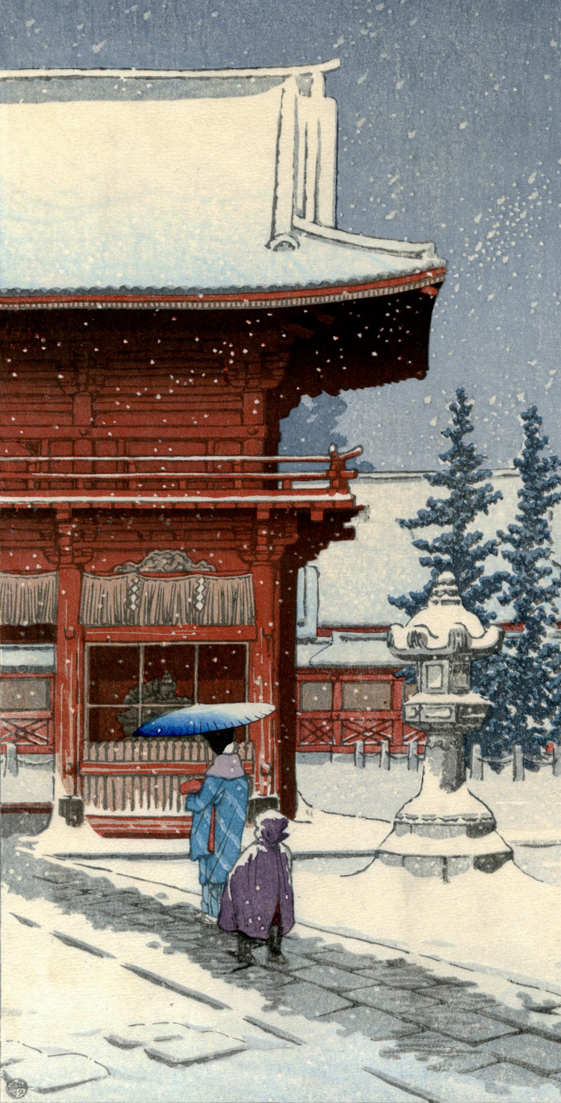 Snow at Nezu-Gongen Shrine  (Nezu-Gongen no yuki) - Gray Landscape Print by Kawase Hasui