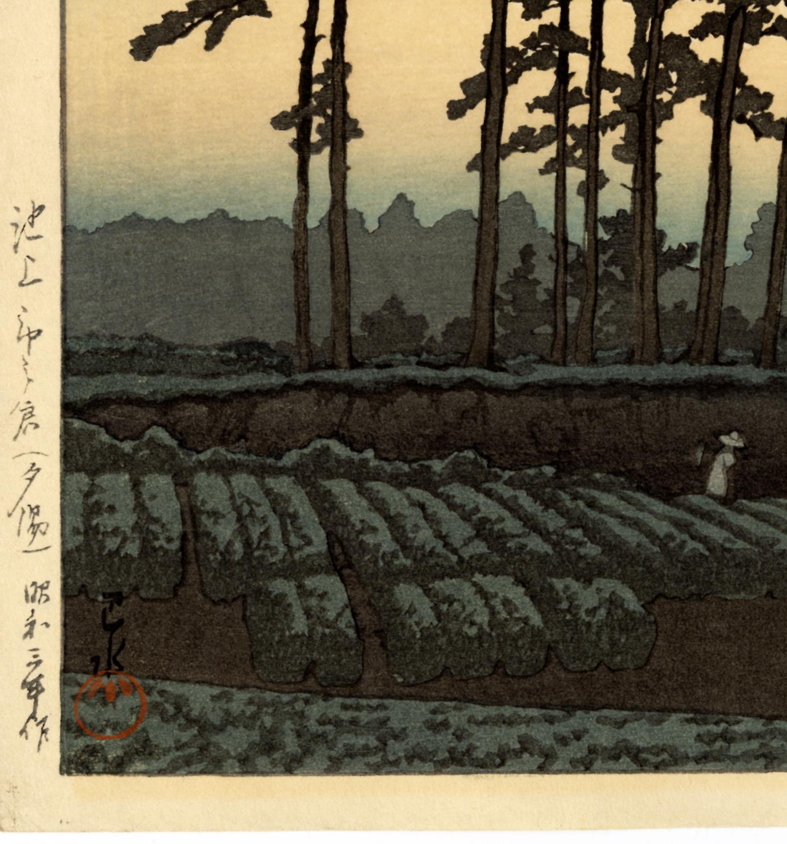 Sunset at Ichinokura, Ikegami, alternate color version - Showa Print by Kawase Hasui