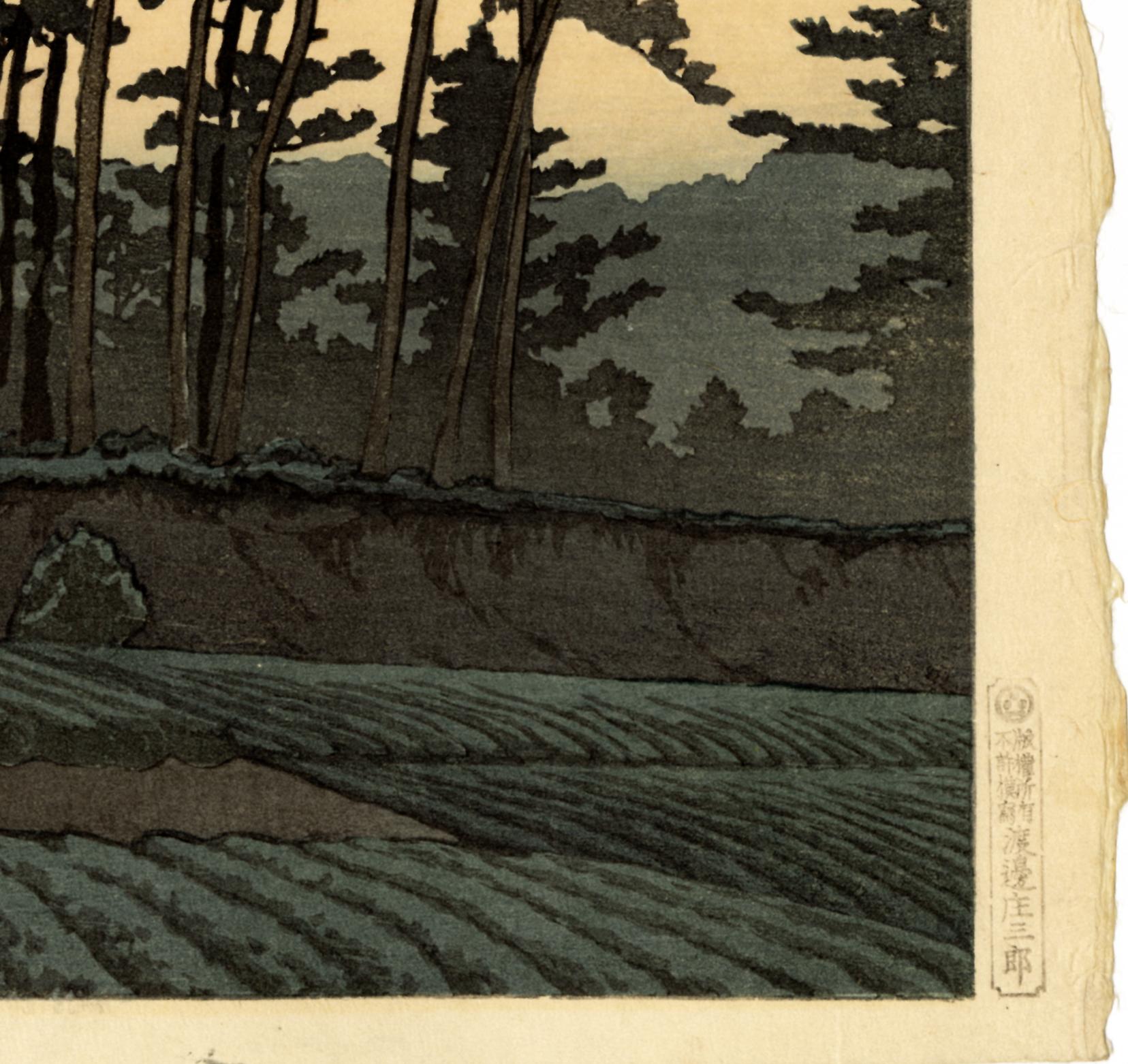 Sunset at Ichinokura, Ikegami, alternate color version - Black Landscape Print by Kawase Hasui