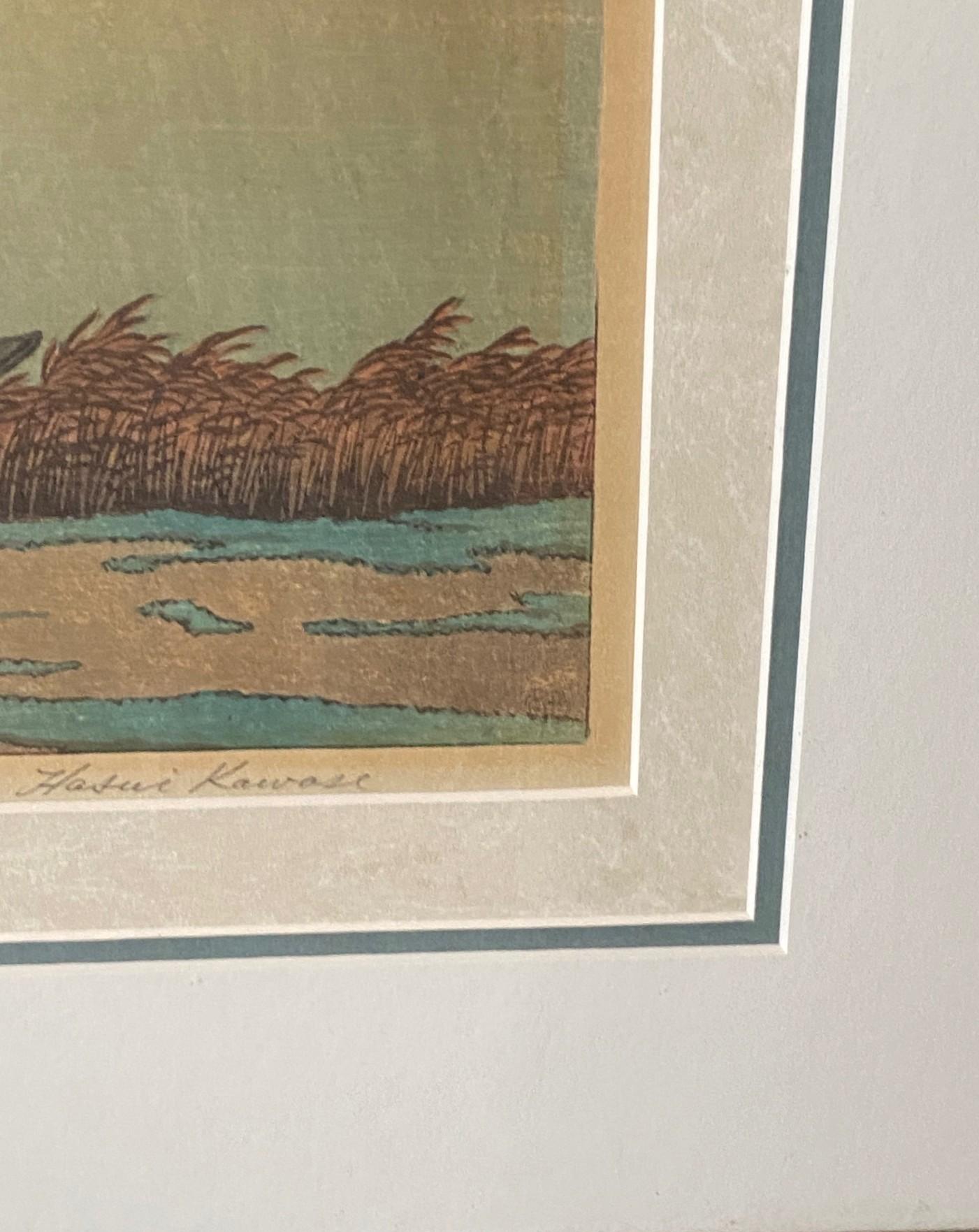 Rara impresión xilográfica japonesa firmada por Kawase Hasui Ducha junto al lago, Matsue, 1932 en venta 5