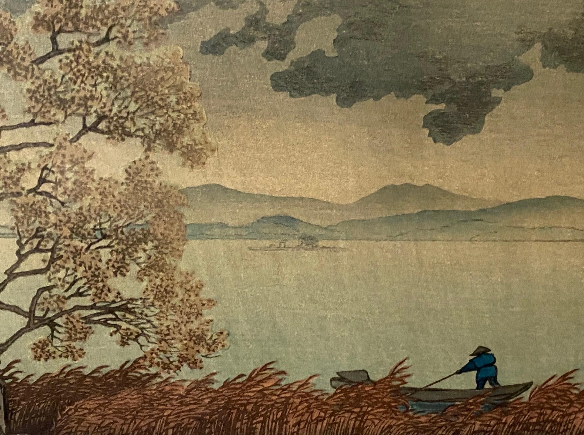 Rara impresión xilográfica japonesa firmada por Kawase Hasui Ducha junto al lago, Matsue, 1932 en venta 7