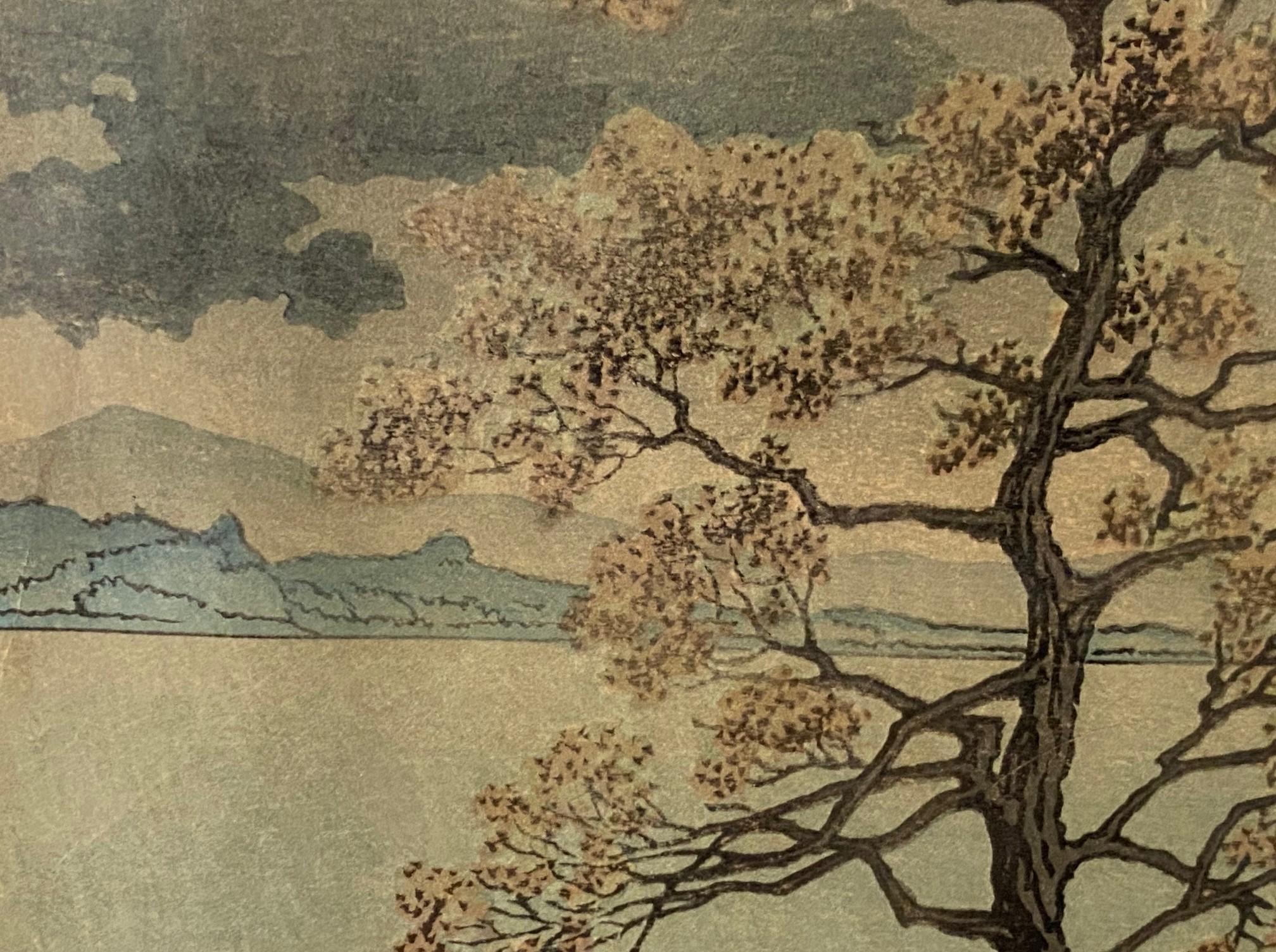 Rara impresión xilográfica japonesa firmada por Kawase Hasui Ducha junto al lago, Matsue, 1932 en venta 8