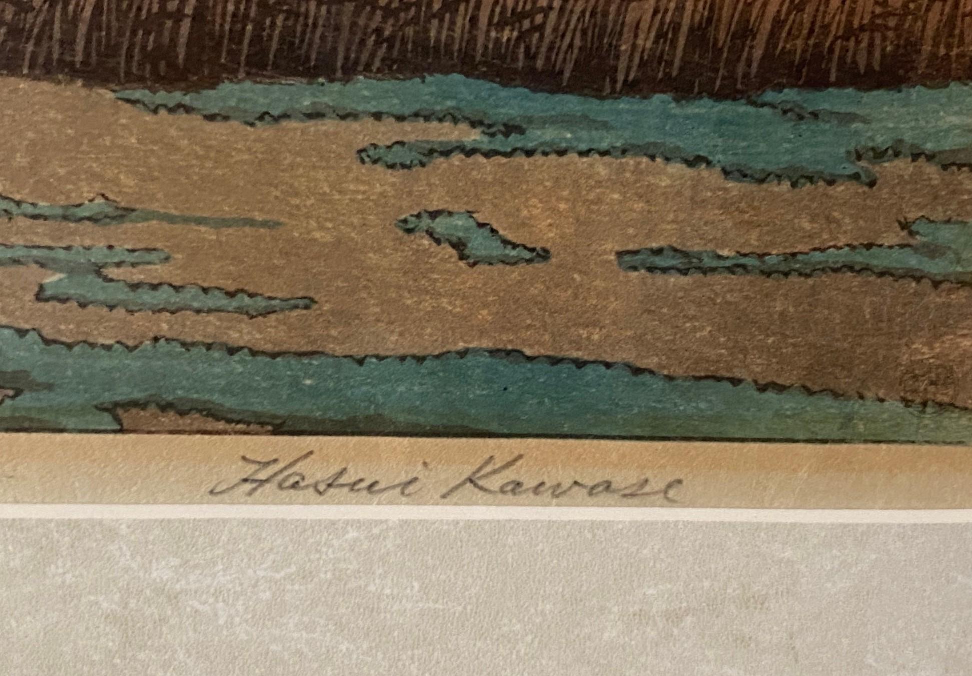 Rara impresión xilográfica japonesa firmada por Kawase Hasui Ducha junto al lago, Matsue, 1932 en venta 11