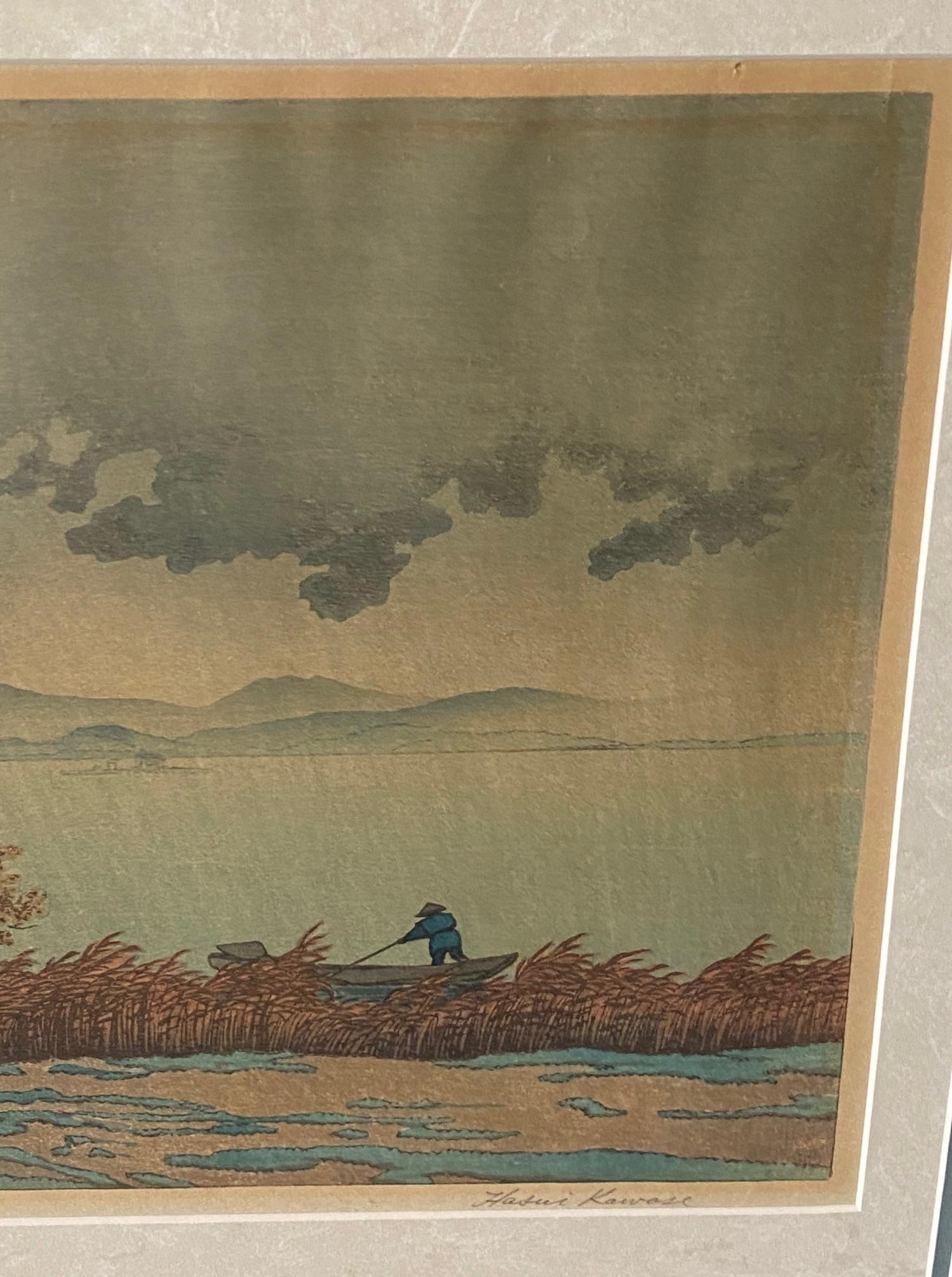 Rara impresión xilográfica japonesa firmada por Kawase Hasui Ducha junto al lago, Matsue, 1932 Japonés en venta