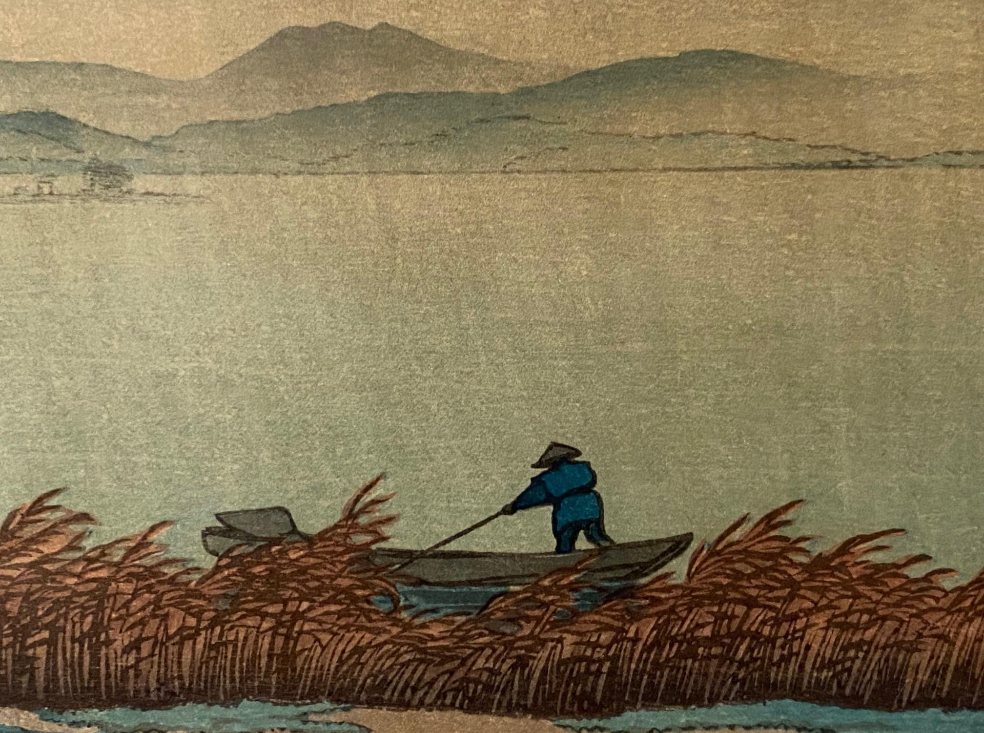 Rara impresión xilográfica japonesa firmada por Kawase Hasui Ducha junto al lago, Matsue, 1932 Madera en venta