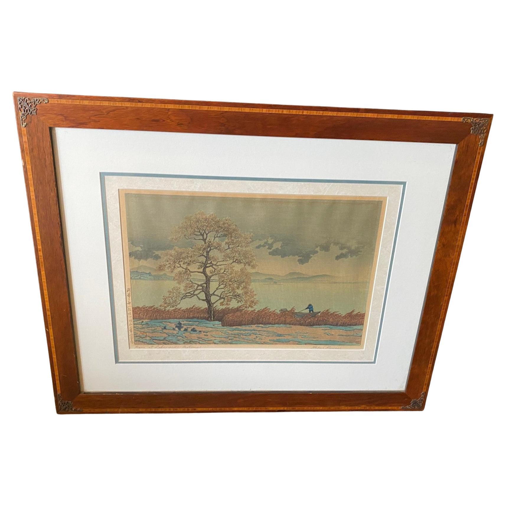 Kawase Hasui Rare gravure sur bois japonaise signée Douche au bord d
un lac, Matsue, 1932