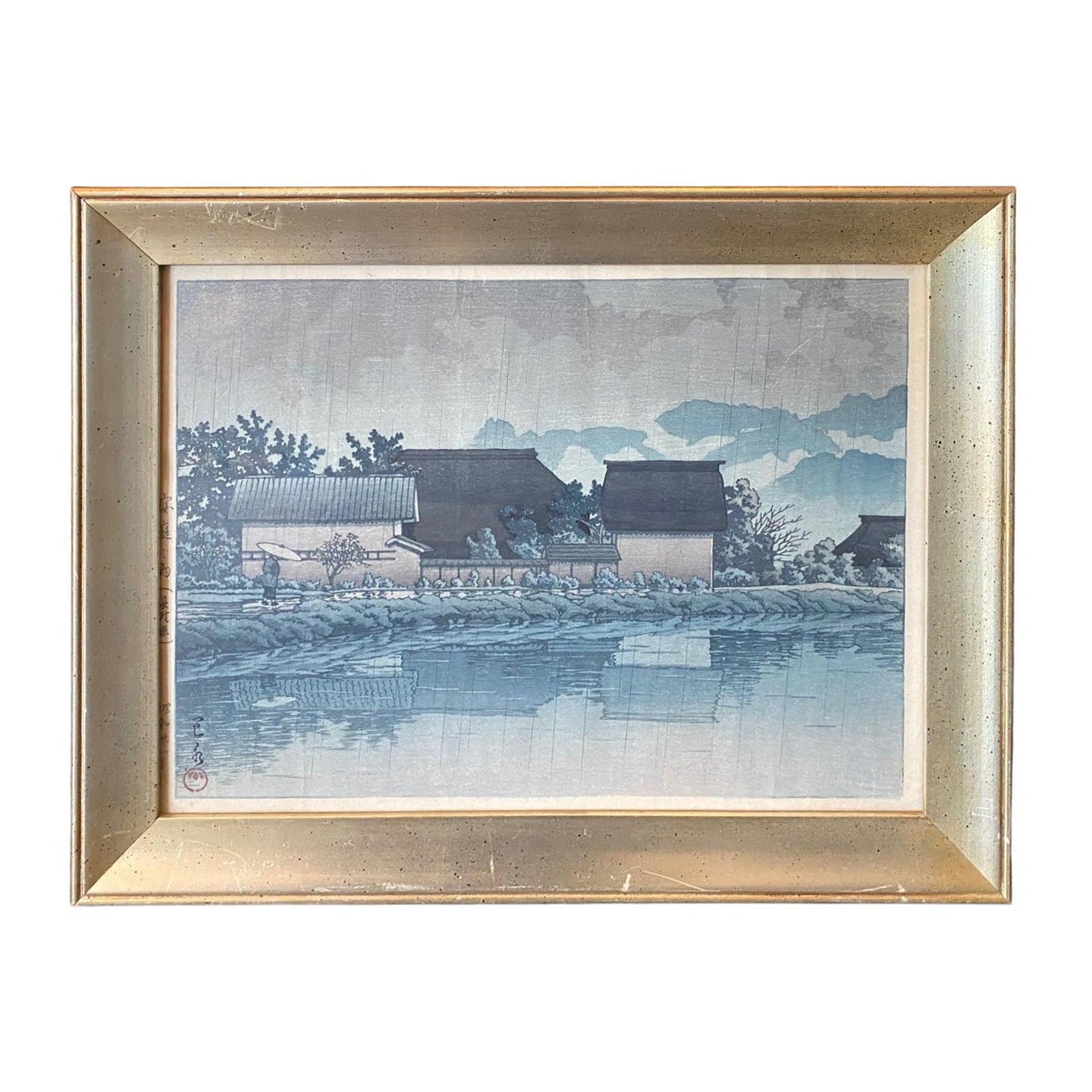 Kawase Hasui firma la stampa su legno giapponese Pioggia a Yasuniwa, Prefettura di Nagano