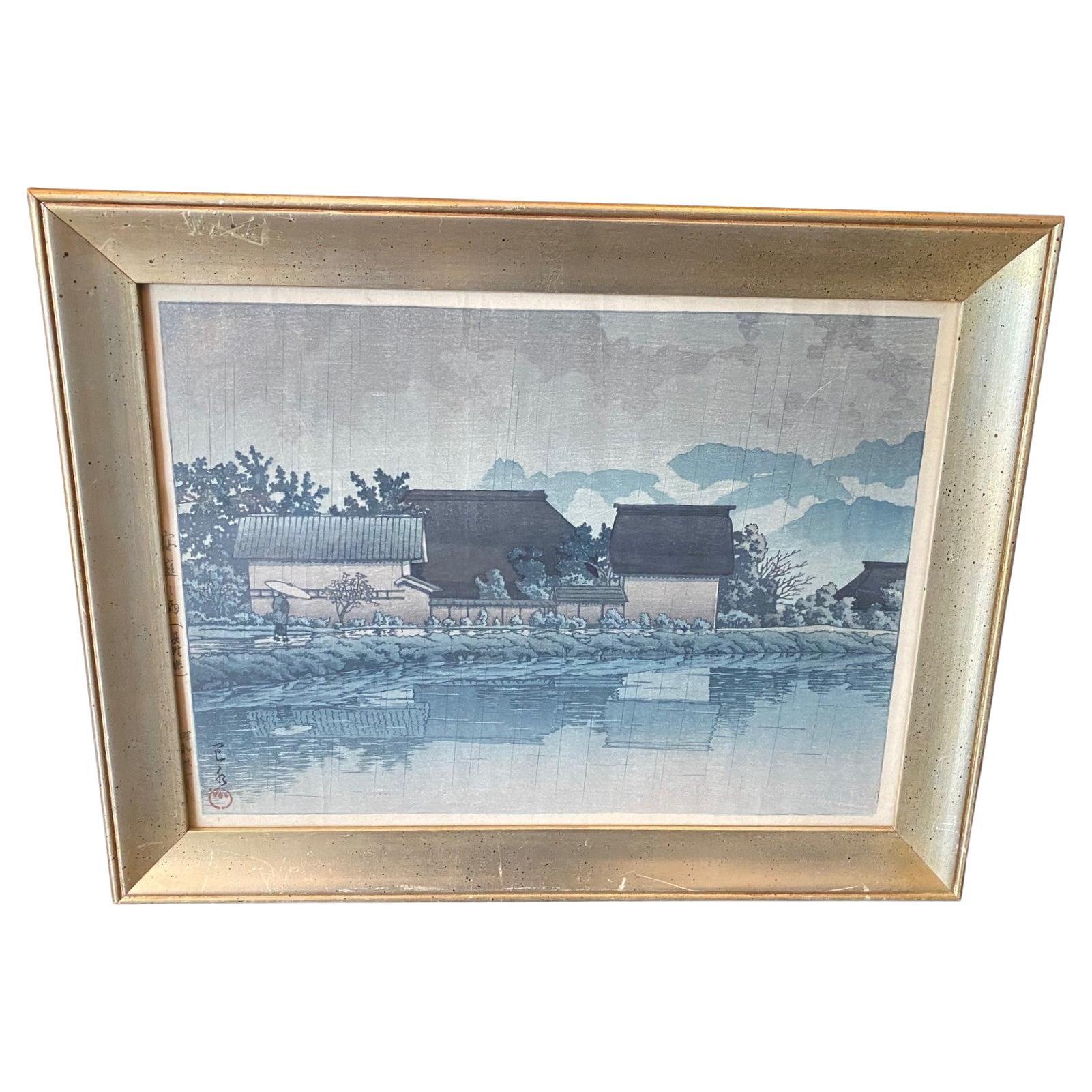 Kawase Hasui Signed Japanese Woodblock Print Rain at Yasuniwa, Nagano Prefecture