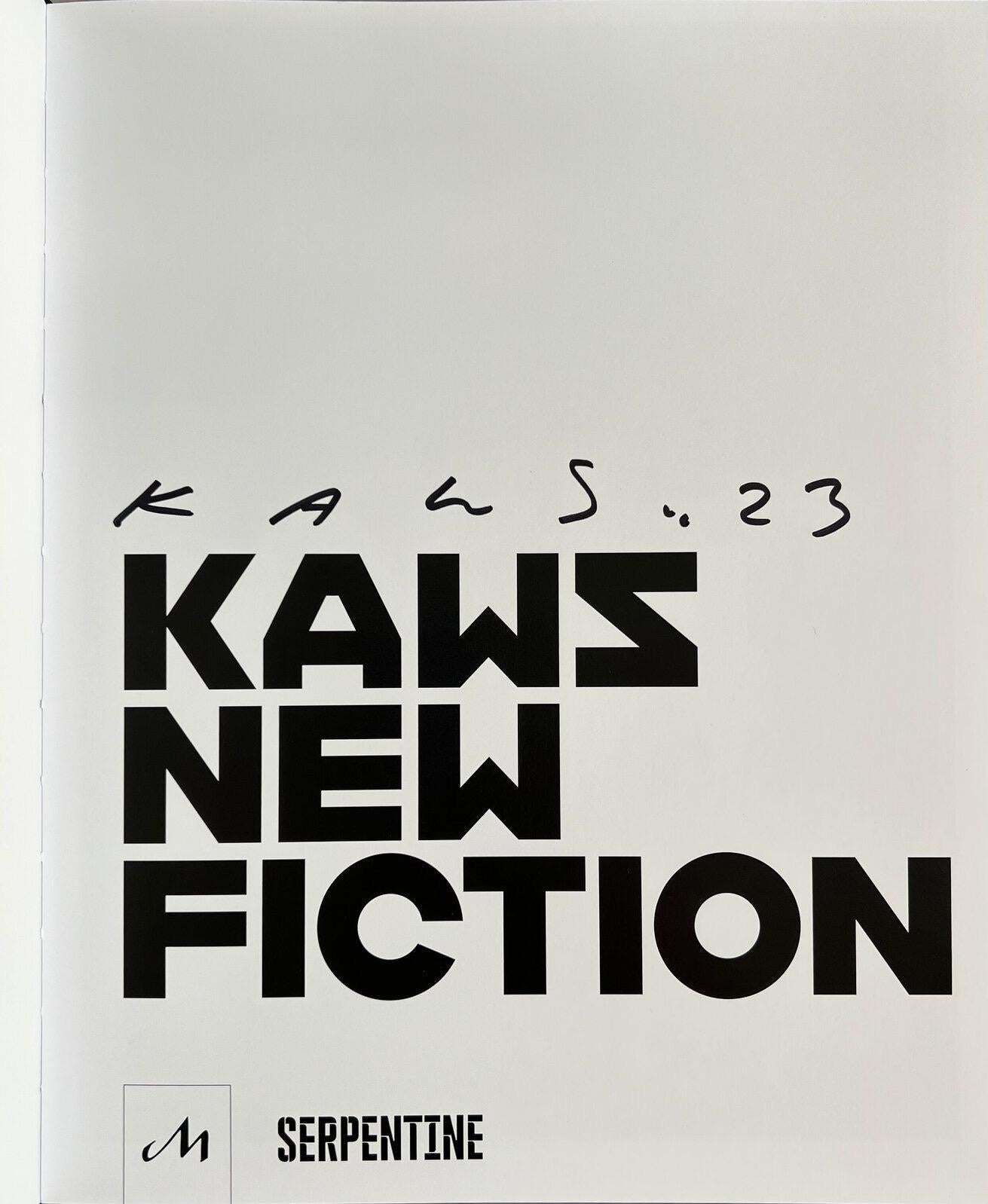 KAWS
Signed New Fiction Hardback Book, 2023
Hardback book
9 1/2 × 7 7/10 in  24.1 × 19.6 cm

Hand-signed New Fiction hardback book from Phaidon's sold out release of this art book, featuring 230 illustrations in this 280-page book. The book