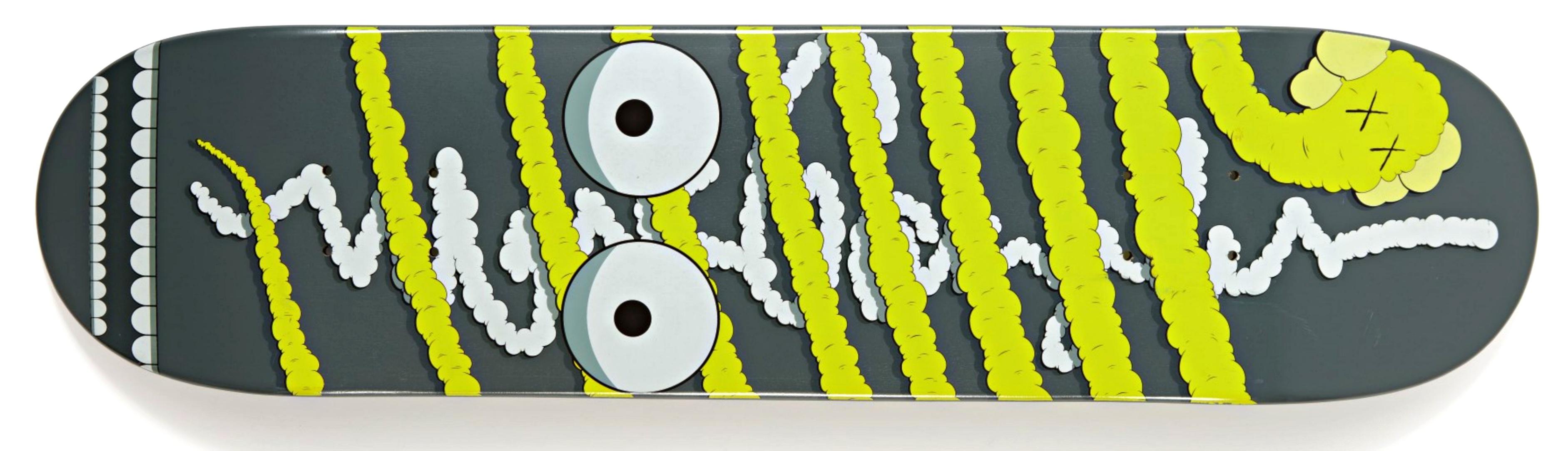 Gelbes Schlangen- Skateboard, hand nummeriert 46/500 Street Art Pop Art Skate deck LtEd – Print von KAWS