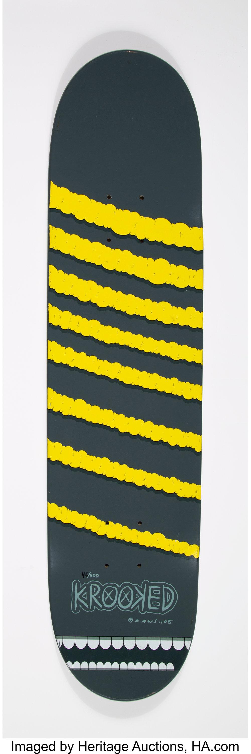 KAWS
Yellow Snake, 2005
Silkscreen on 100% Canadian 7-Ply Maplewood Skateboard
31 × 8 × 3/10 inches
Limited Edition of 500 (skate deck is hand numbered 46/500)
Rare limited edition early KAWS piece from 2005.  Collectors item!
Signed and dated on