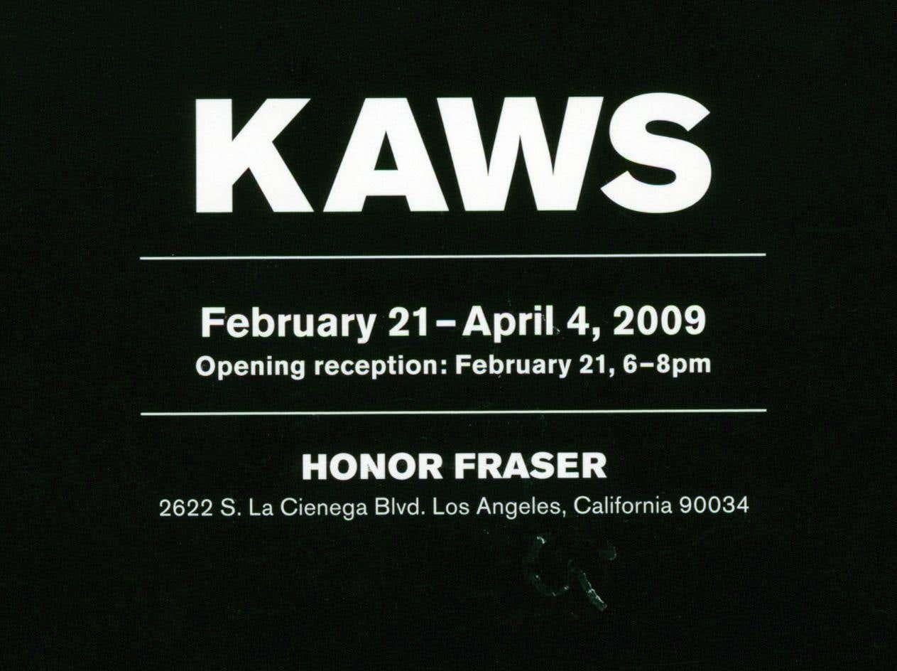KAWS The Long Way Home:
Rare, highly collectible 2000's KAWS exhibition announcement for a solo exhibition by KAWS Honor Fraser Gallery, Los Angeles: February 21, 2009 — April 04, 2009.

Offset-printed; 5.5 x 4 inches.
Good overall vintage