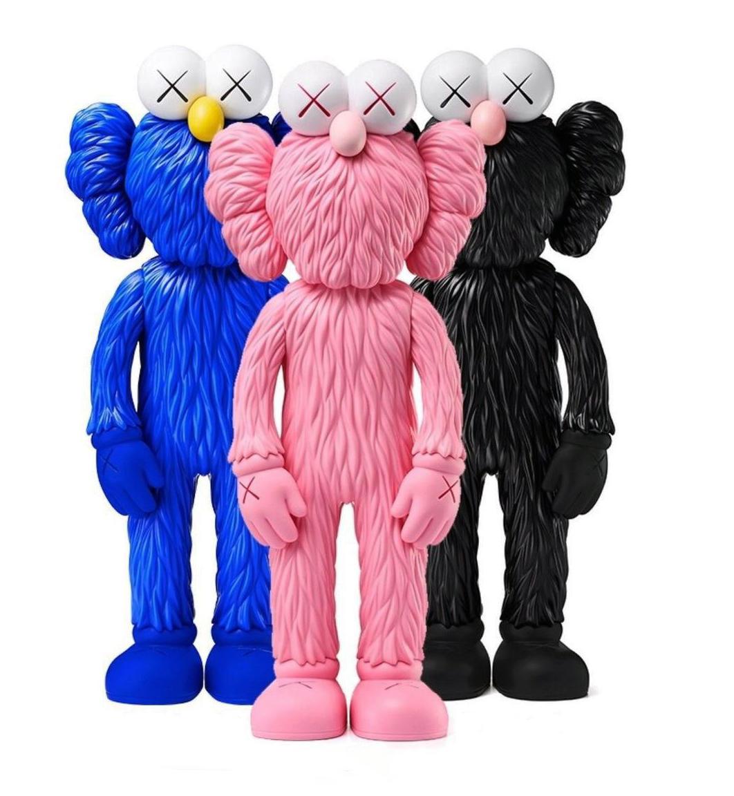 KAWS BFF 2018: Complete Set of 3 (Pink, Black, and Blue). Each, new/unopened in their original packaging: A highly collectible KAWS Companion set and variation of Kaws' large scale BFF sculpture is in Los Angeles's Playa Vista neighborhood. Includes