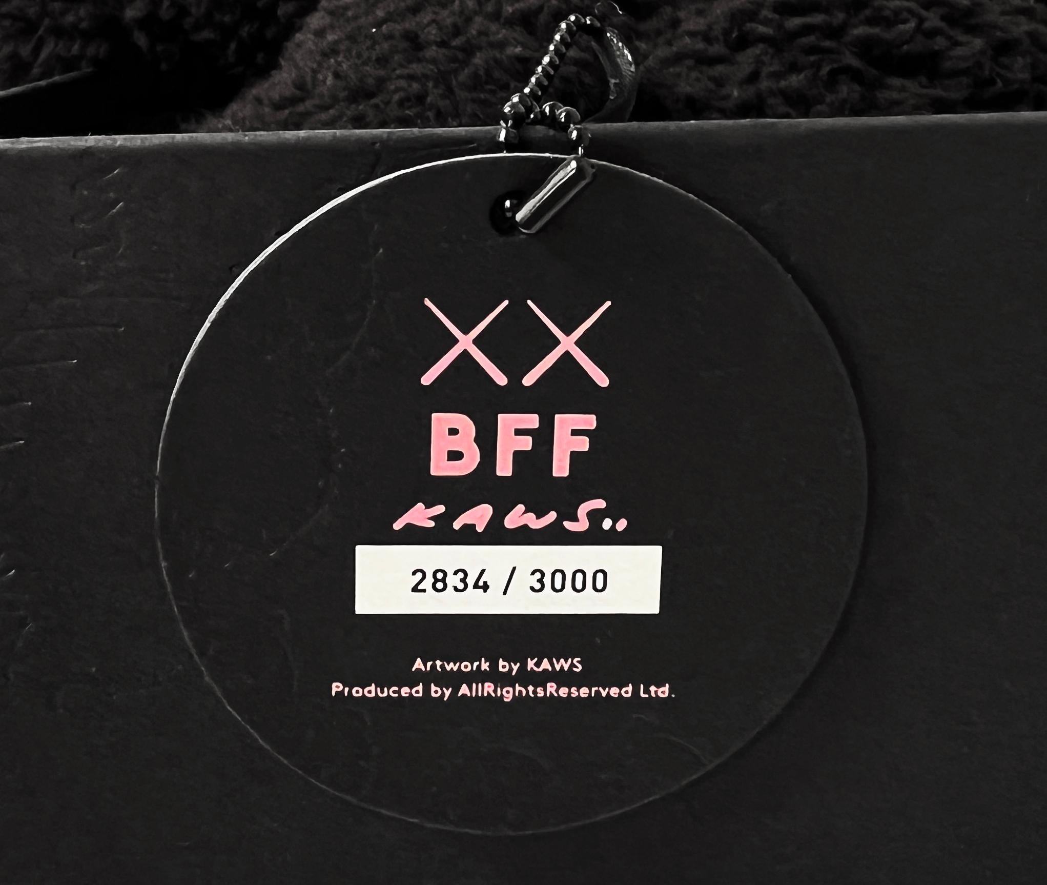 KAWS Black Plush BFF Companion:
This KAWS companion was originally created in conjunction with the exhibition, KAWS: Where The End Starts at the Modern Art Museum of Fort Worth (2016). This plush figure has since sold out. As only 3,000 pieces were