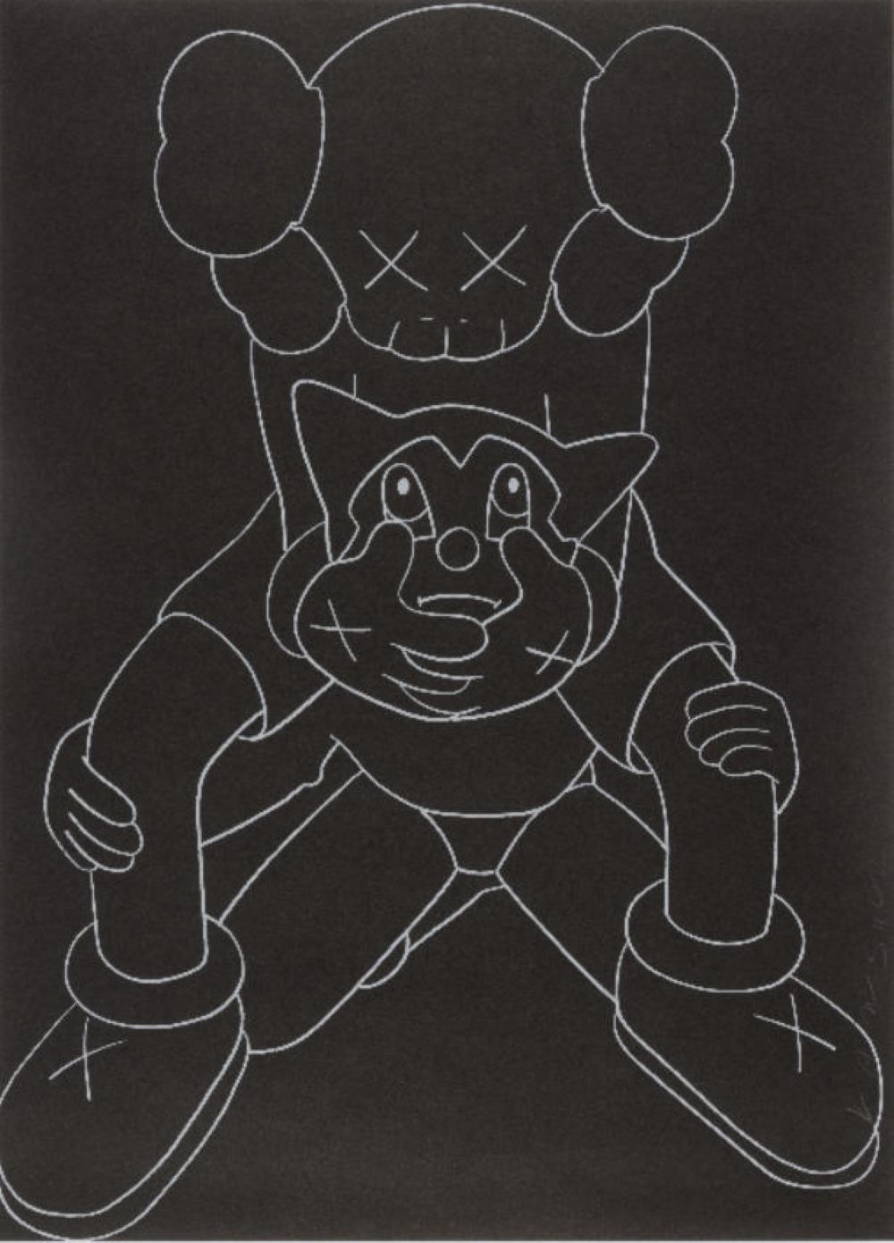 KAWS
Companion vs Astroboy, 2002
Screen print on black stock paper 
Hand signed and dated in pencil on right
unNumbered, from the edition of 50
Sheet size: 90 x 65.7 cm
Published by Elms Lesters
