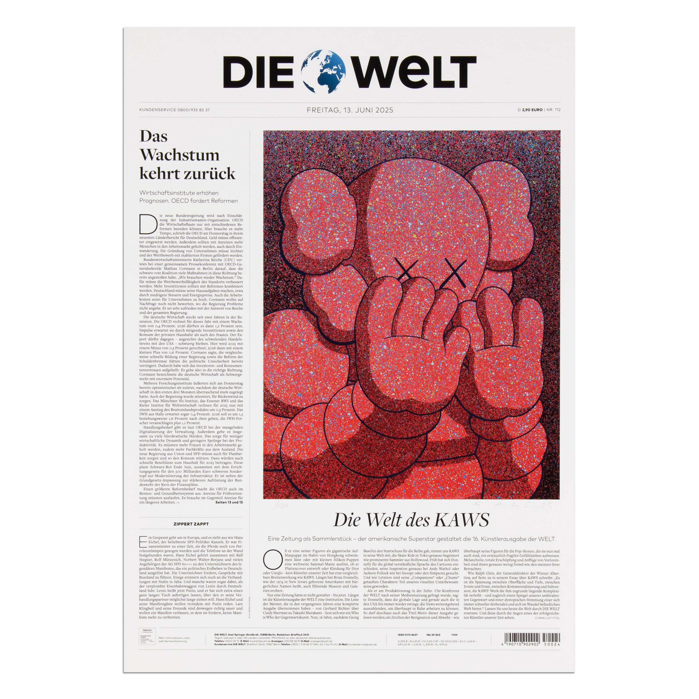 KAWS (American, b. 1974)
Die Welt, 2025
Medium: Archival pigment print on paper
Dimensions: 57.3 × 40.2 cm (22 3/5 × 15 4/5 in)
Edition of 100: Hand-signed and numbered
Condition: Mint