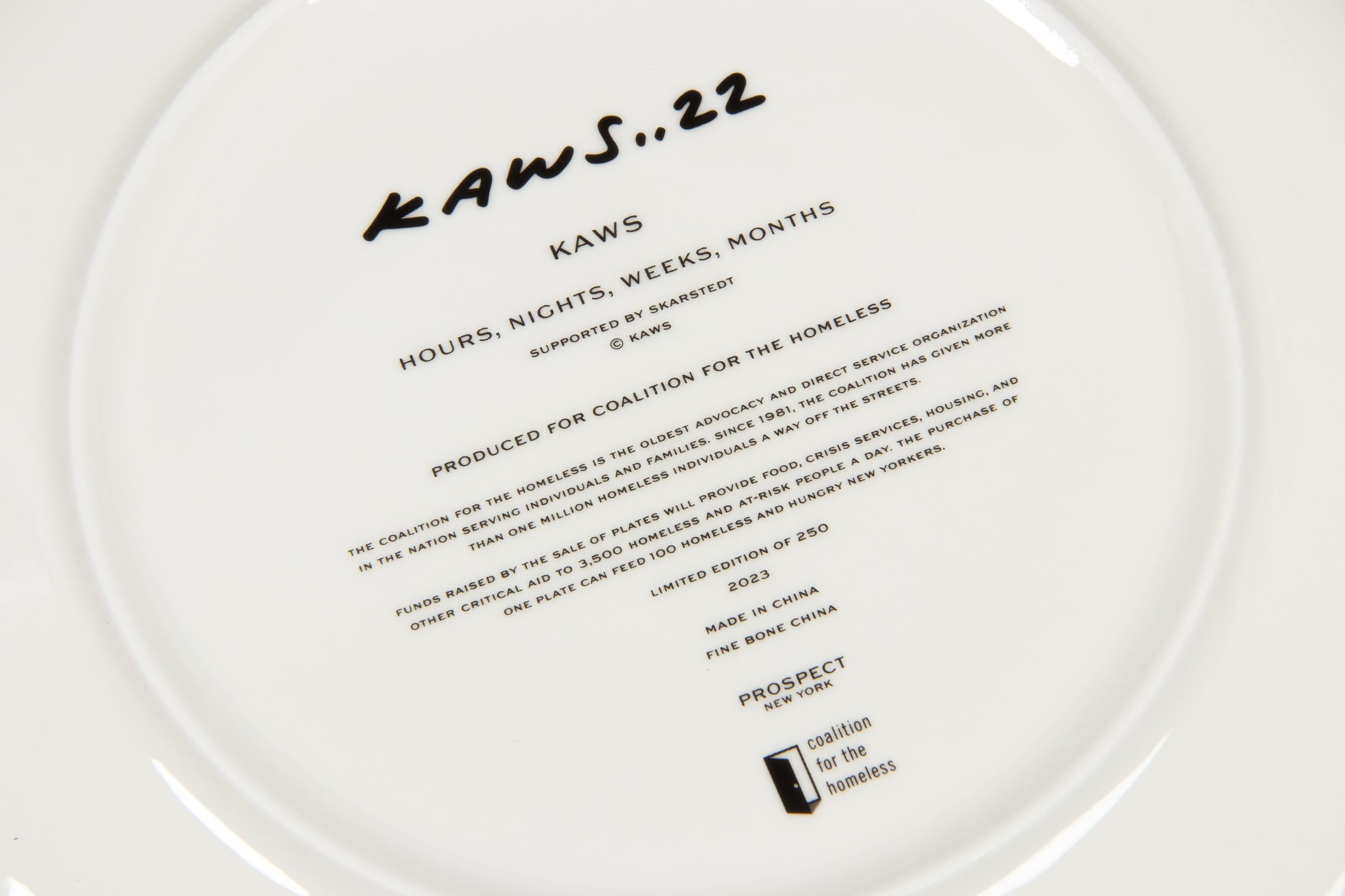 KAWS (American, b. 1974)
Hours, Nights, Weeks, Months, 2023
Medium: Porcelain plate (fine bone china)
Dimensions: 10 1/2 in diameter  26.7 cm diameter
Edition of 250: Printed signature and edition details on verso
Condition: Mint (in original