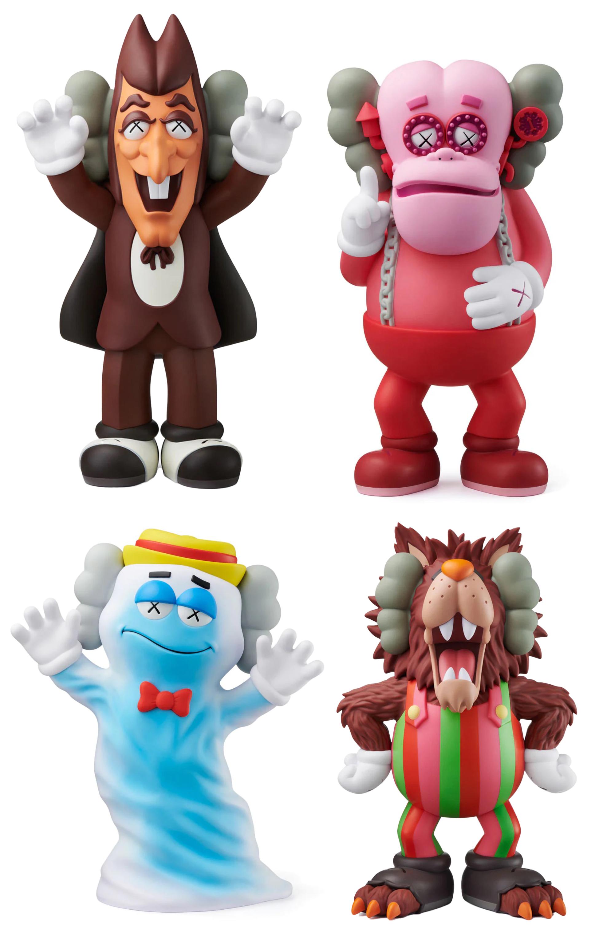 KAWS Monsters (complete set of 4 works):
A highly collectible & super decorative complete set of KAWS art toys, featuring the famed cereal characters: Frankenberry, Count Chocula, Boo Berry & Frute Brute.  A playful exploration of KAWS’s love for