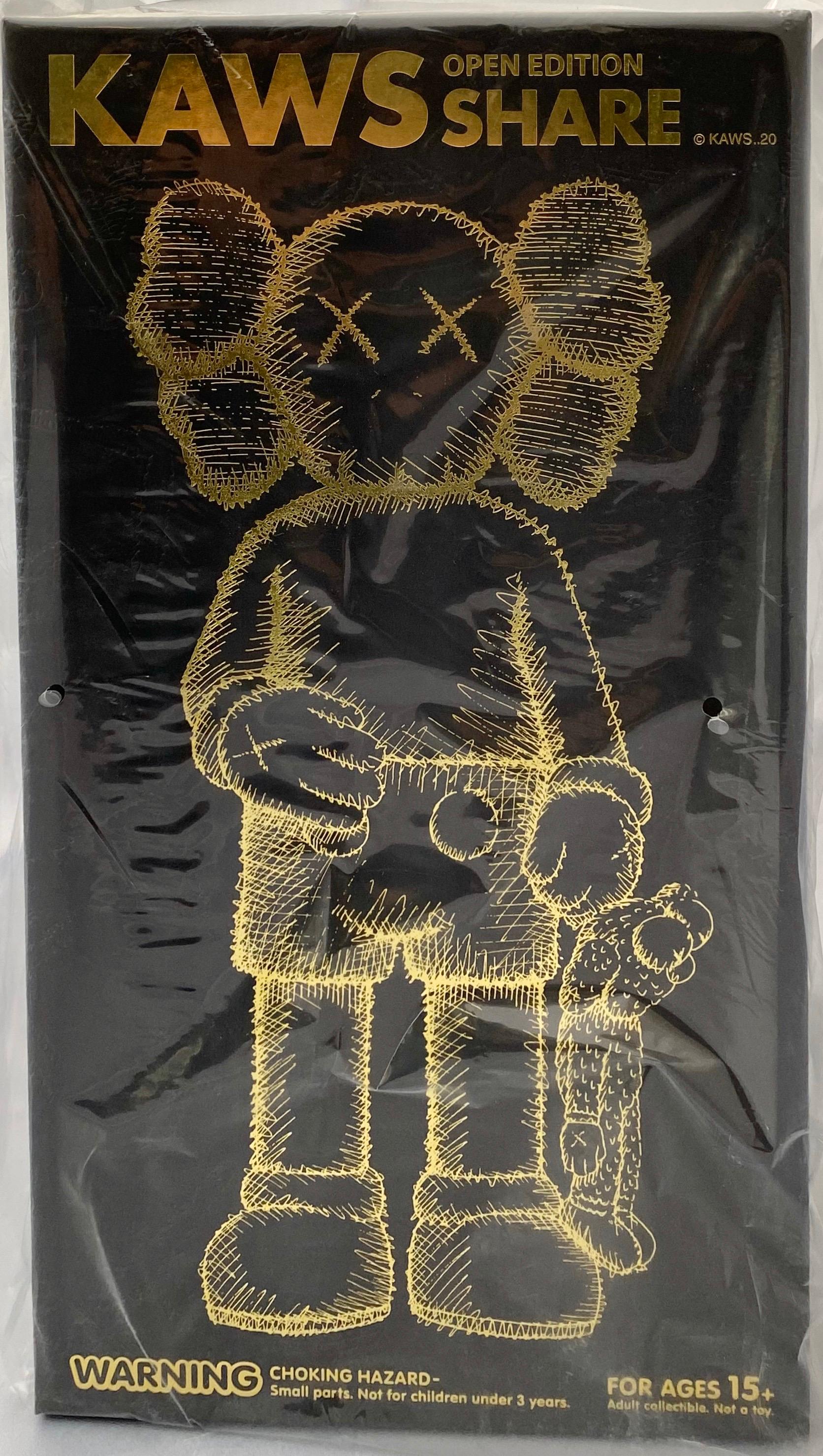 KAWS SHARE (Black), new & unopened in its original packaging. 
KAWS SHARE first appeared in 'BLACKOUT' – the first London solo exhibition by KAWS (Skarstedt London 2019). In SHARE, KAWS uses two of his characters to convey opposing human attitudes-