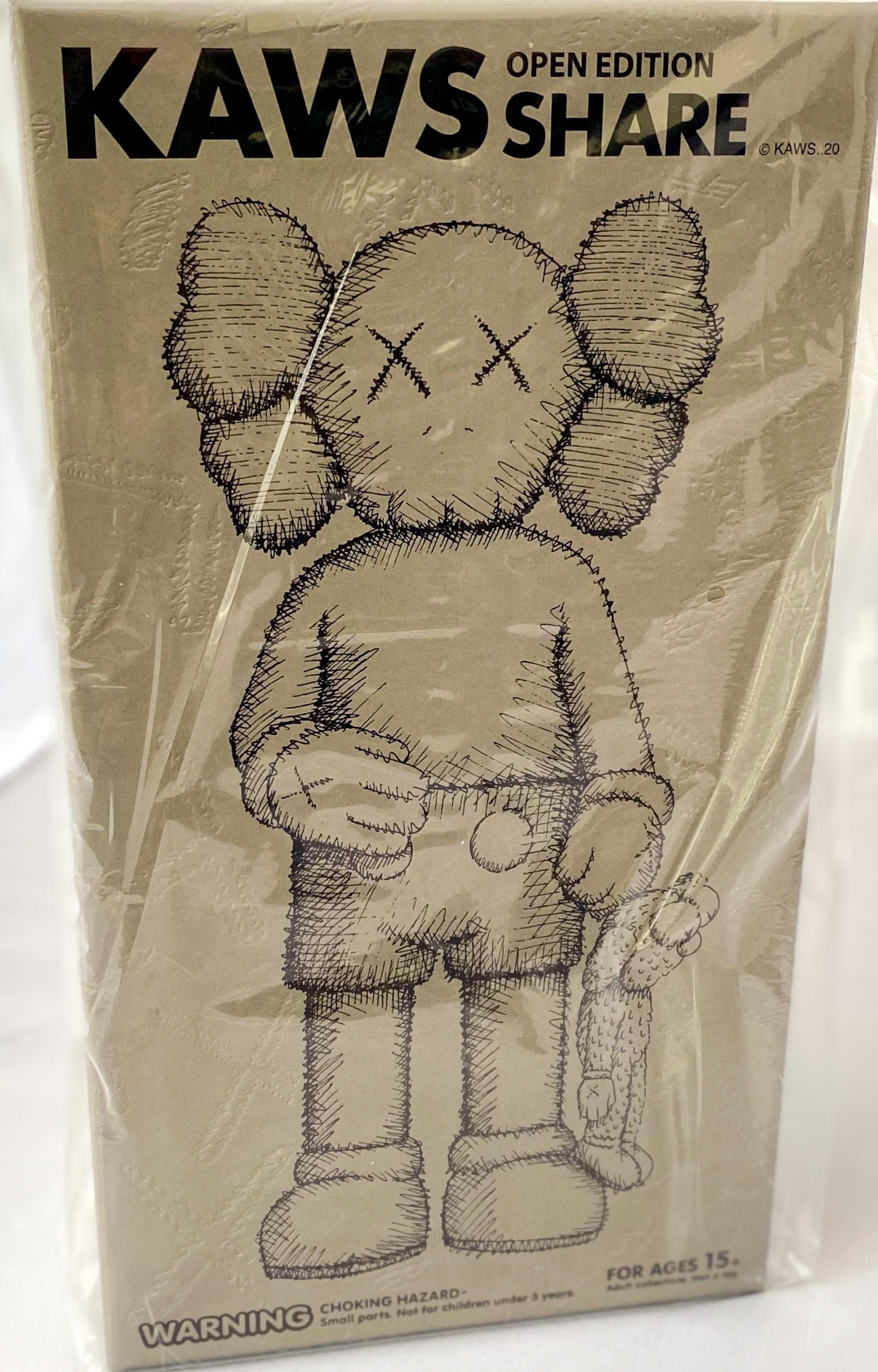 KAWS SHARE (Brown), new & unopened in its original packaging. 
KAWS SHARE first appeared in 'BLACKOUT' – the first London solo exhibition by KAWS (Skarstedt London 2019). In SHARE, KAWS uses two of his characters to convey opposing human attitudes-