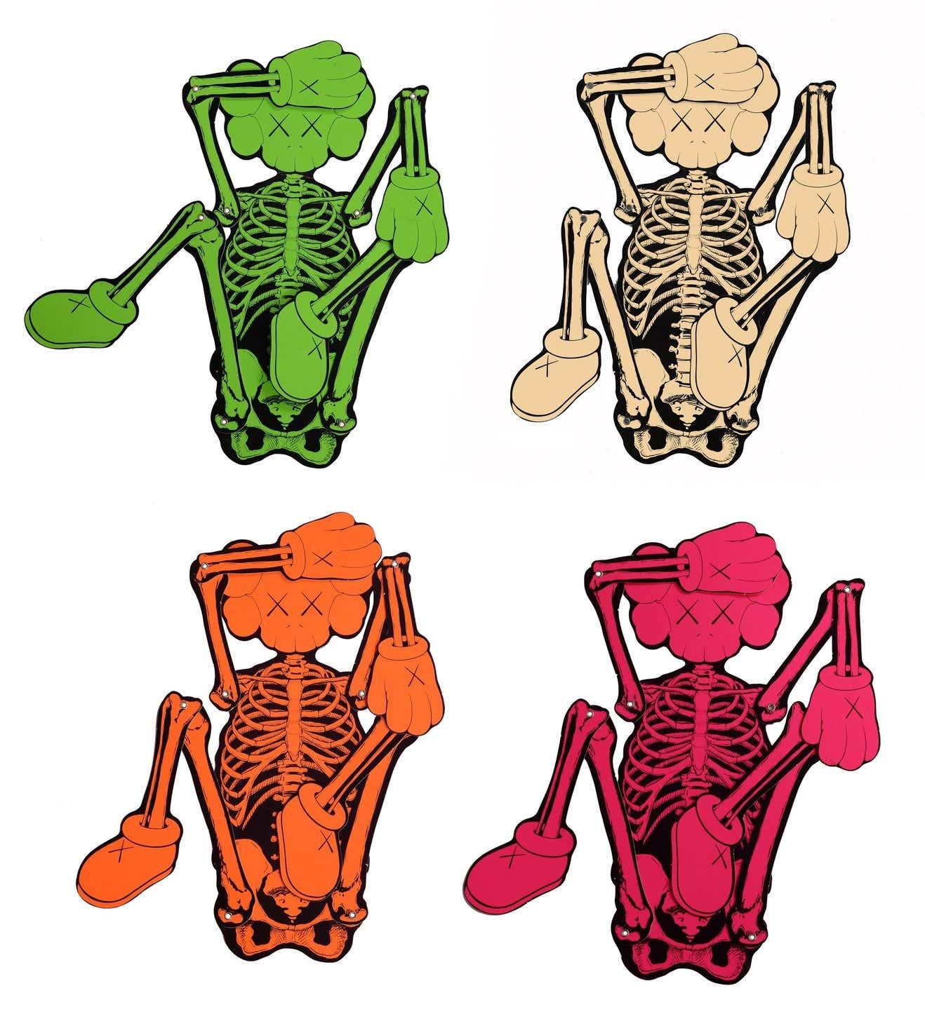 KAWS SKELETON 2021: complete set of 4 works:
A set of 4 neon printed KAWS designed skeletons published in 2021 to commemorate Halloween. Each accompanied by its KAWS illustrated collectors envelope (see image 3 of listing). A fantastic KAWS
