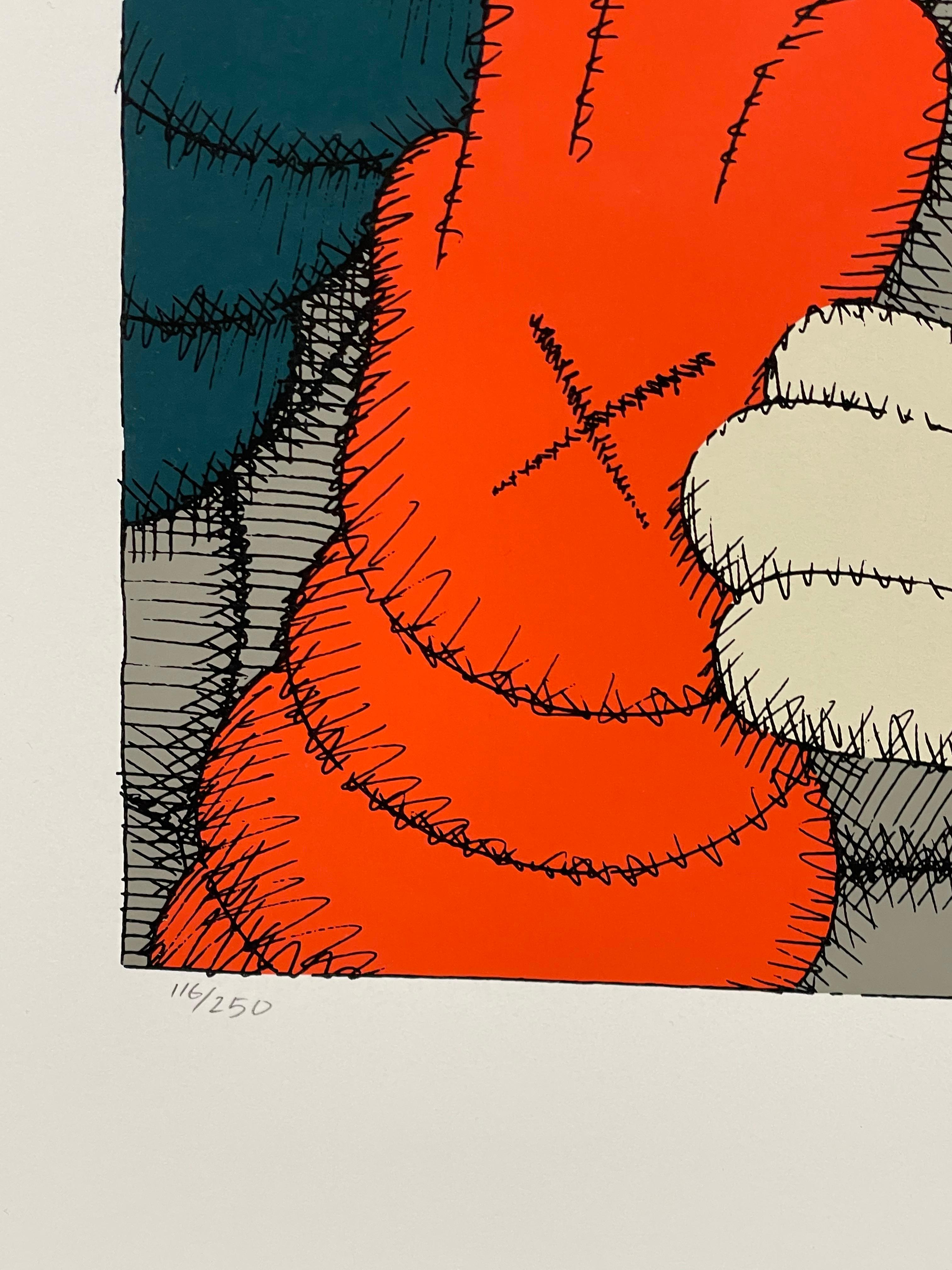Artist:  Kaws
Title:  Urge 
Size:  17 x 12.5 Inches (90 x 70 cm)
Medium:  Screen Print on Fine Art Paper
Edition:  116250
Year:  2020
Notes: Hand Signed and Numbered by the Artist. The Artwork is in Excellent Condition Floating on White Acid Free