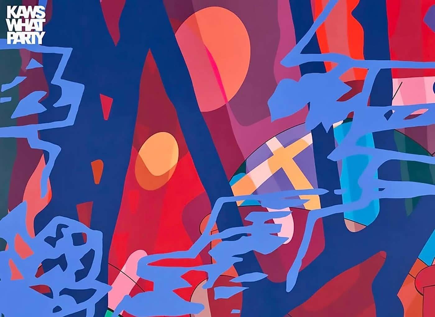 KAWS 'Score Years' Poster 2021:
Dieses lebhafte KAWS-Plakat mit den charakteristischen abstrakten Motiven des Künstlers wurde anlässlich der viel beachteten KAWS-Ausstellung 2021 veröffentlicht: What Party Ausstellung im Brooklyn Museum