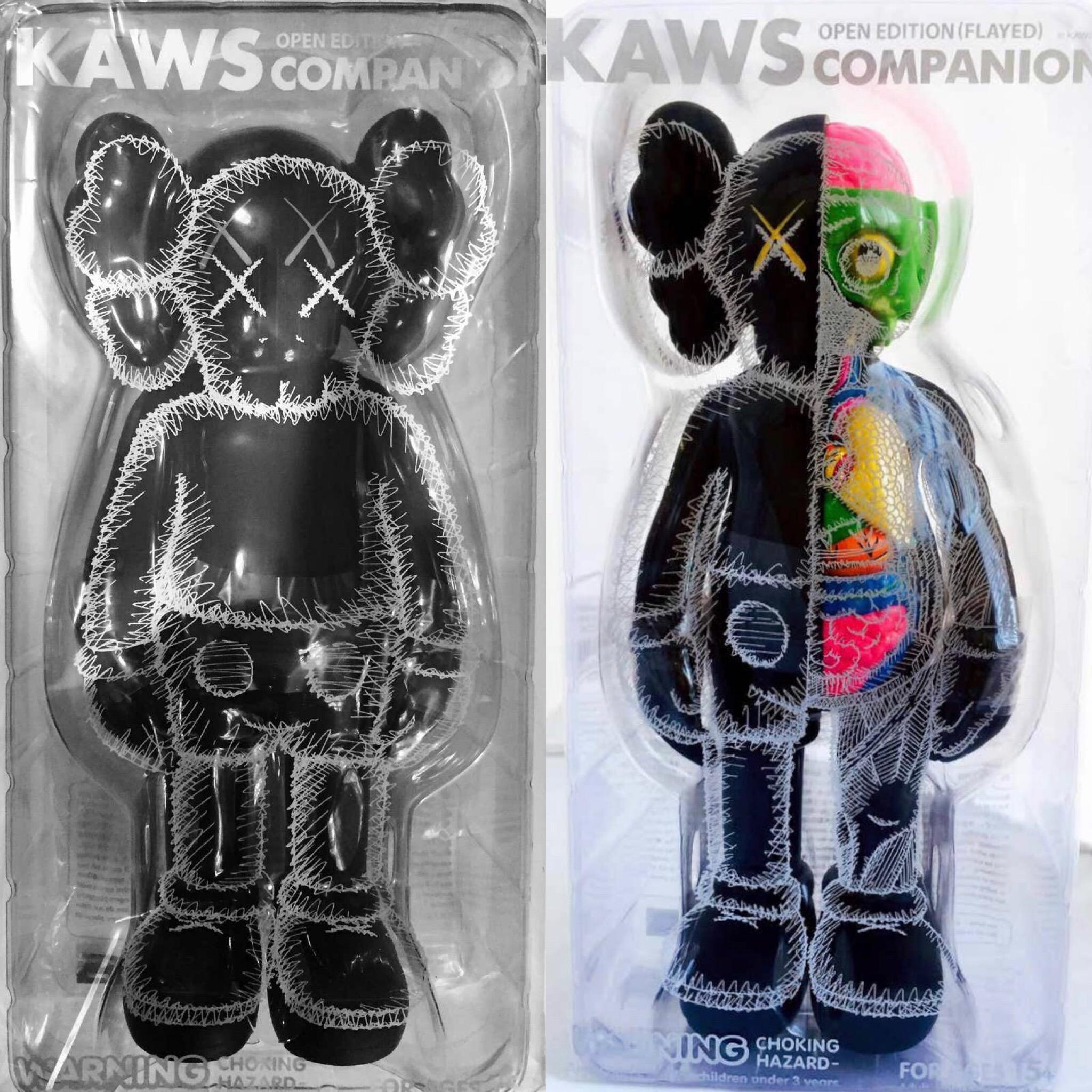 KAWS Companion, Black Flayed & Black full body 2016 (set of 2 individual pieces). Each new and sealed in original packaging. Published by Medicom Japan in conjunction with the exhibition, KAWS: Where The End Starts at the Modern Art Museum of Fort