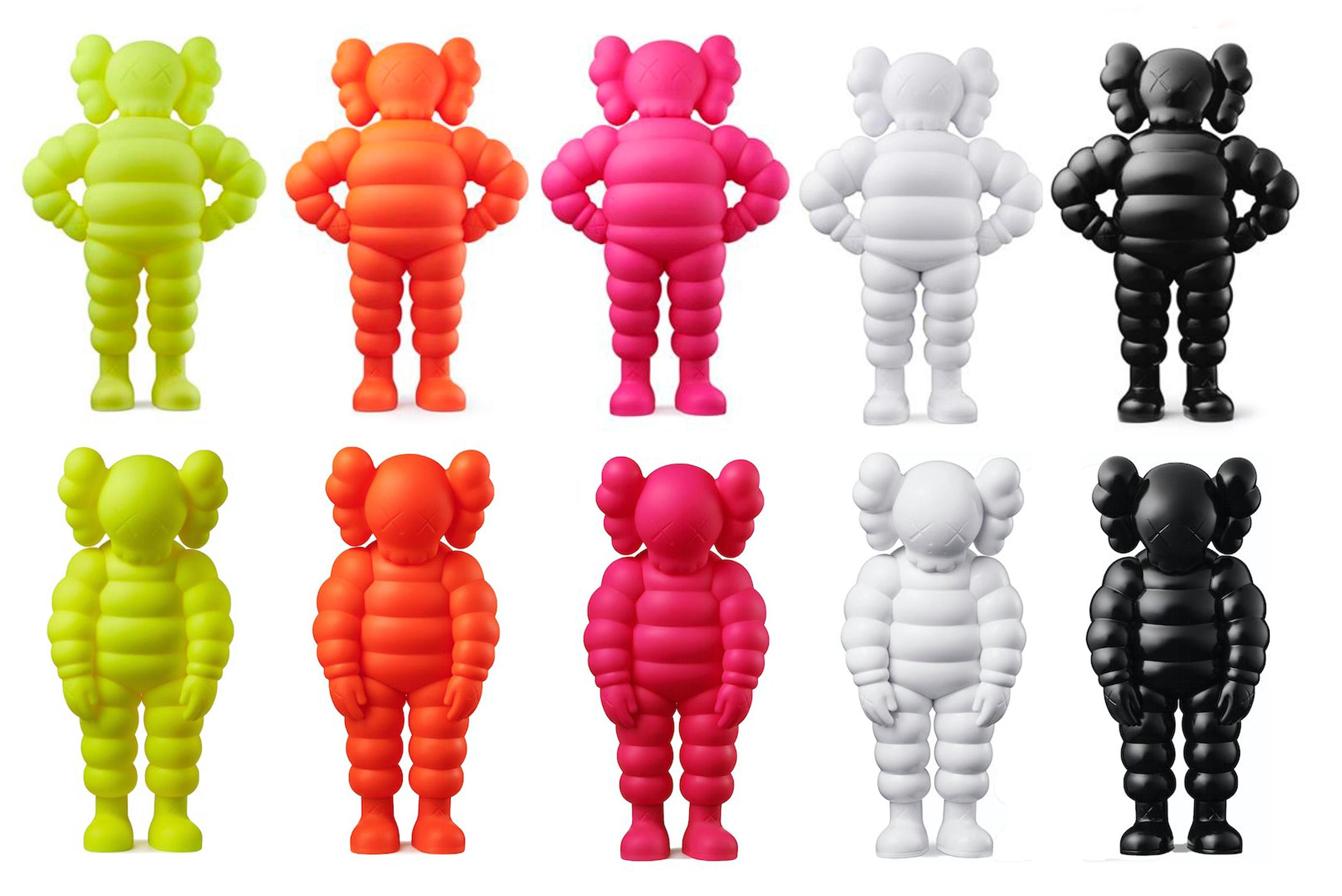 KAWS CHUM (20th anniversary), KAWS WHAT PARTY: complete set of 10 works:

These KAWS CHUM & What Party Companions feature KAWS' CHUM Companion brilliantly rendered as complete set of 10 works (2 complete sets of 5). Each new in original packaging.