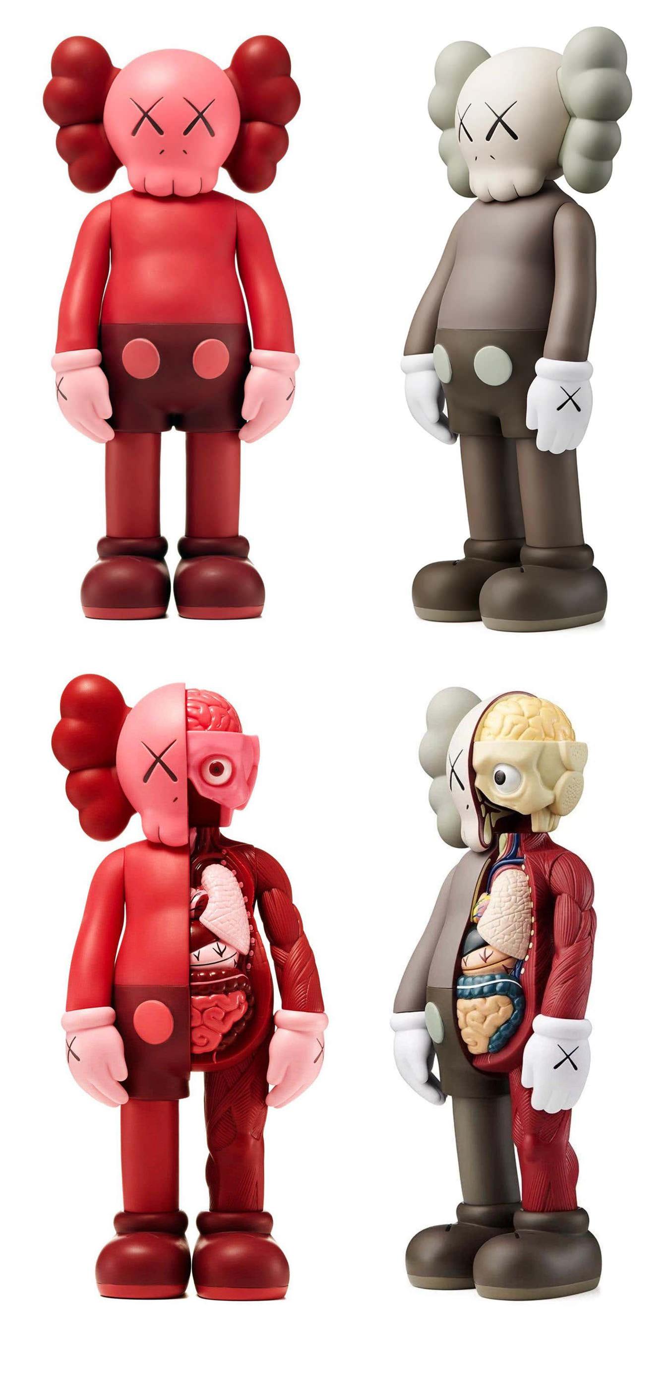 KAWS Companion 2016: Satz mit 4 Werken:
KAWS Brown ganzer Körper und gehäutet; & KAWS Red Blush ganzer Körper & gehäutet, 2016 - jeweils neu und versiegelt in der Originalverpackung. 

Diese kultigen KAWS-Figuren wurden von Medicom Japan in