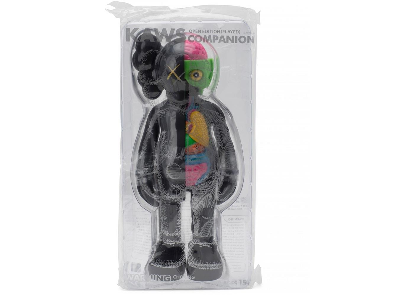 KAWS Companion 2016. Black, Flayed (dissected) toy figure, brand new, sealed in original packaging. 
Published by Medicom Japan in conjunction with the exhibition KAWS: Where The End Starts at the Modern Art Museum of Fort Worth. 
The figurines have