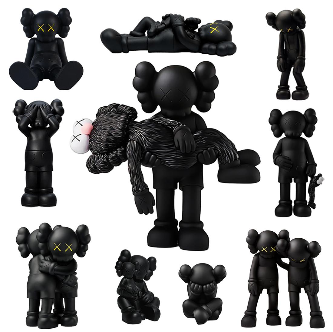 KAWS Companion 2017-2022:
A sharply curated set of 10 distinguished individual Black KAWS Companions new & unopened in original packaging. Dimensions as follows:

KAWS Gone 2019: 14.25 x 7 inches. 
KAWS Along The Way 2019: 10.5 x 9 inches. 
KAWS