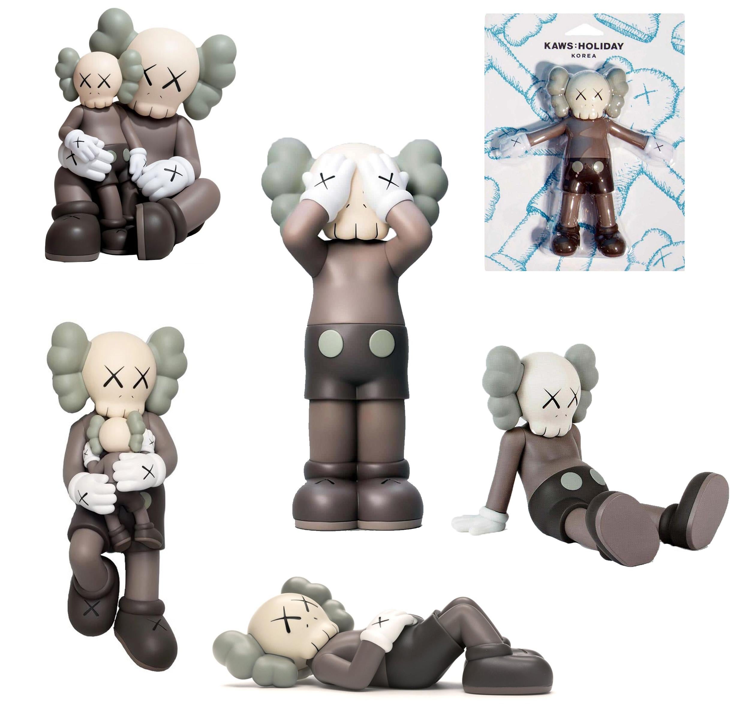 KAWS Companion 2019-2022:
A curated set of 6 individual Brown KAWS Companions new & unopened in original packaging. These KAWS holiday companions were born out of KAWS' world famous rotating series of large scale outdoor public exhibitions featuring