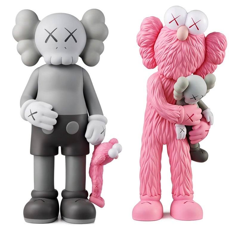 KAWS SHARE (Grey) & KAWS TAKE (Pink): Set of 2 KAWS figurative sculptures, each new & unopened in original packaging. 

Medium: Painted Vinyl Cast Resin (applies to each). 
SHARE: 12.4 x 6.3 inches. 
TAKE: 13.4 x 6 inches.
Condition: New, unopened