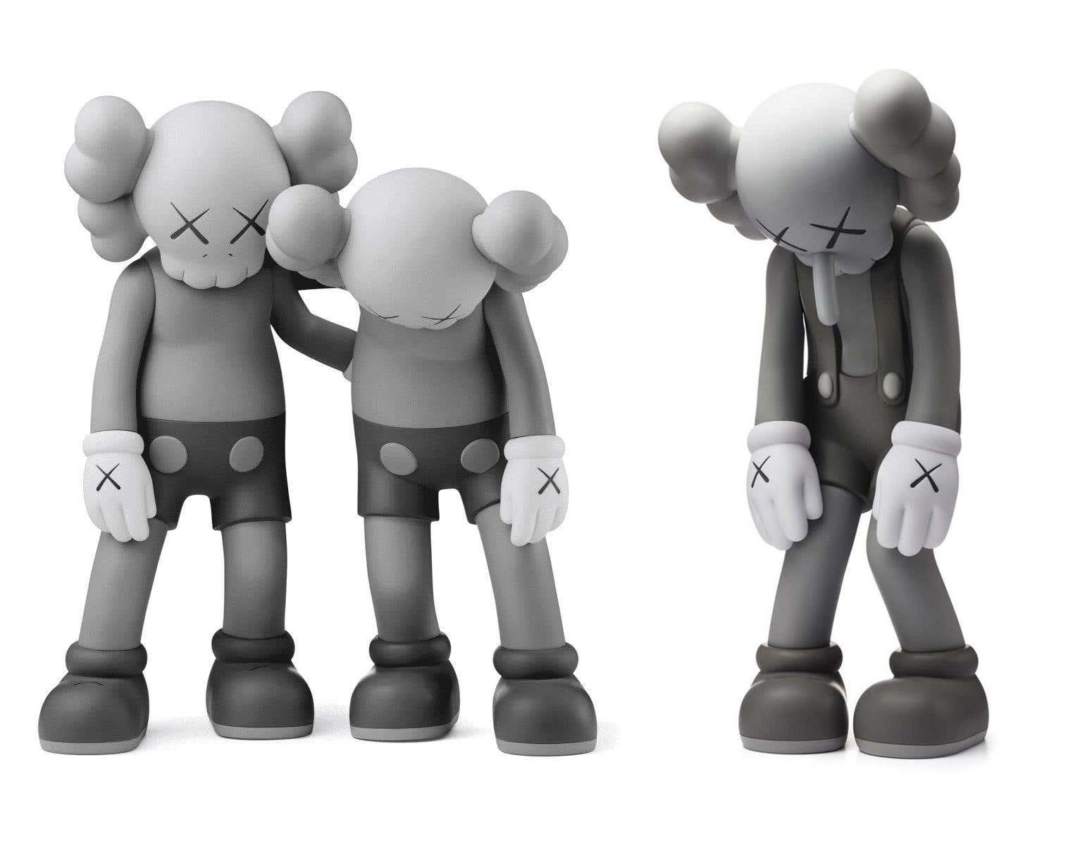 KAWS SMALL LIE Companion & KAWS Along The Way Grey (2 works):
This curated grouping features two of KAWS' most iconic pieces: KAWS’s Small Lie features the Pinocchio-inspired figure bows its head in shame as if hiding from a parent after creating