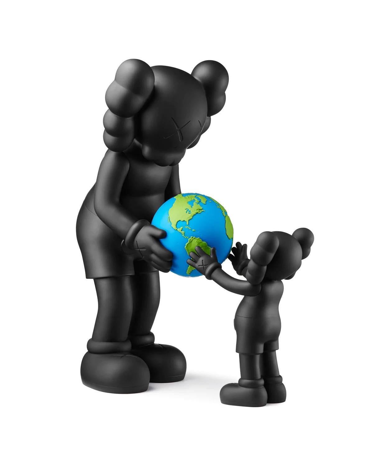 KAWS The Promise (black):
A unique KAWS Companion featuring a blue & green globe being affectionately shared between parent & child. This timeless, highly collectible KAWS art toy was published on the occasion of: The Promise art installation at