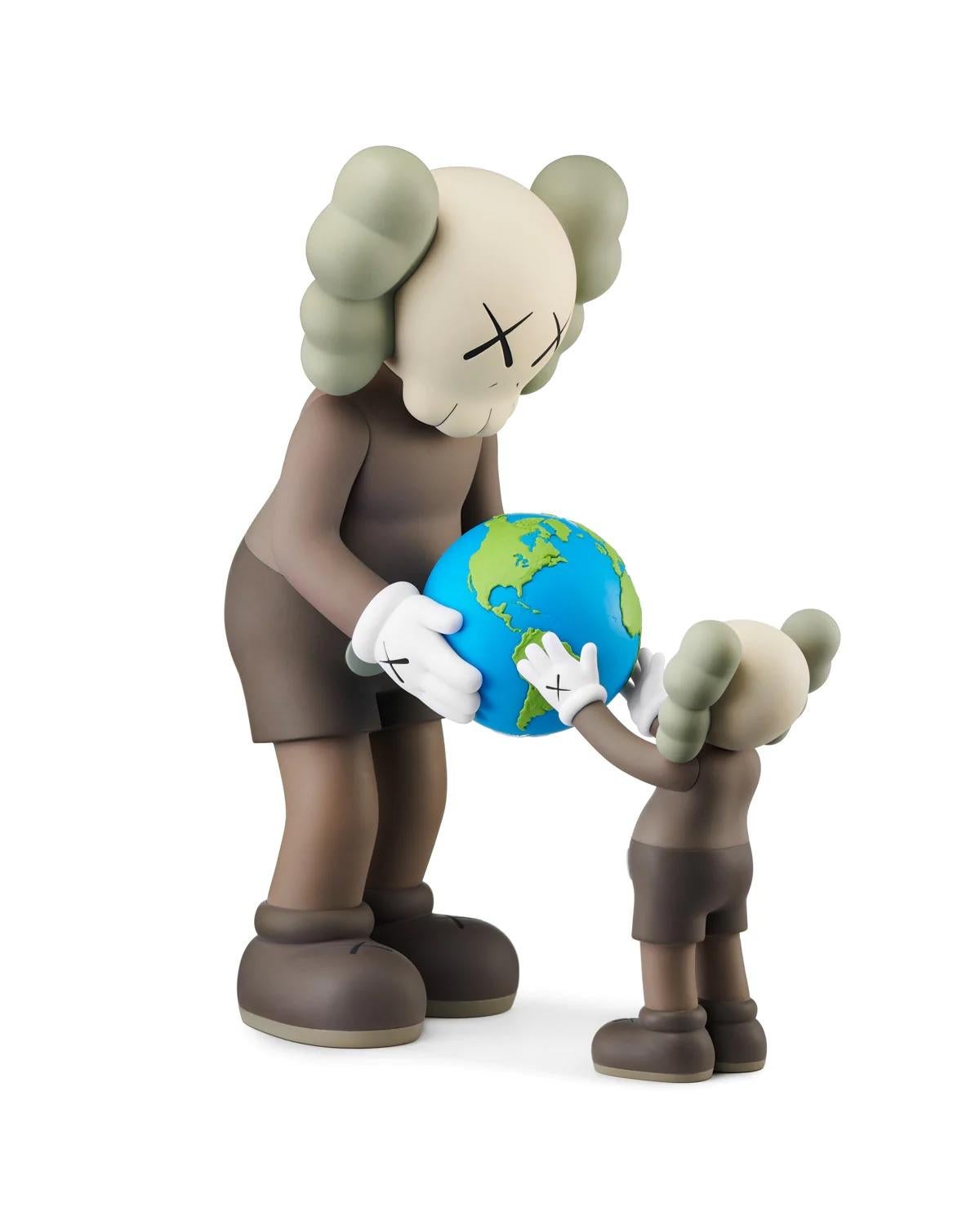 KAWS The Promise (complete set of 3 works):
A unique KAWS Companion set in the artist’s signature brown, black & grey color ways. KAWS The Promise features a blue & green globe being affectionately shared between parent & child. These timeless,