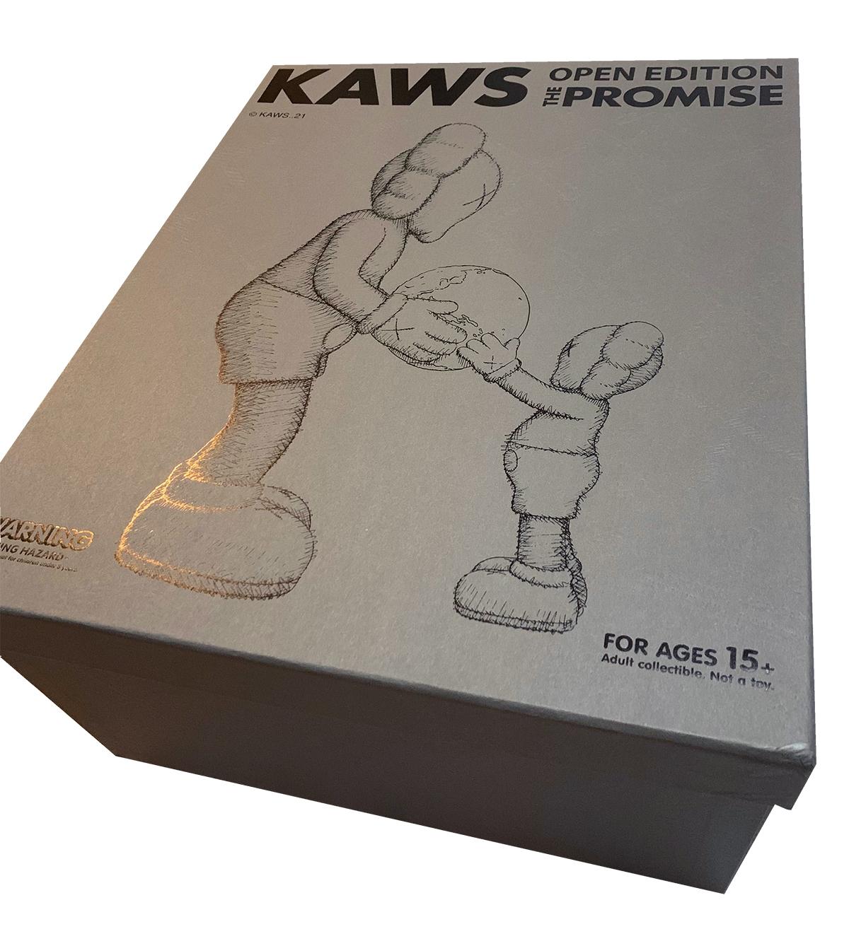 KAWS The Promise (brown): A unique KAWS Companion featuring a blue & green globe being affectionately shared between parent & child. This timeless, highly collectible KAWS art toy was published on the occasion of: The Promise art installation at