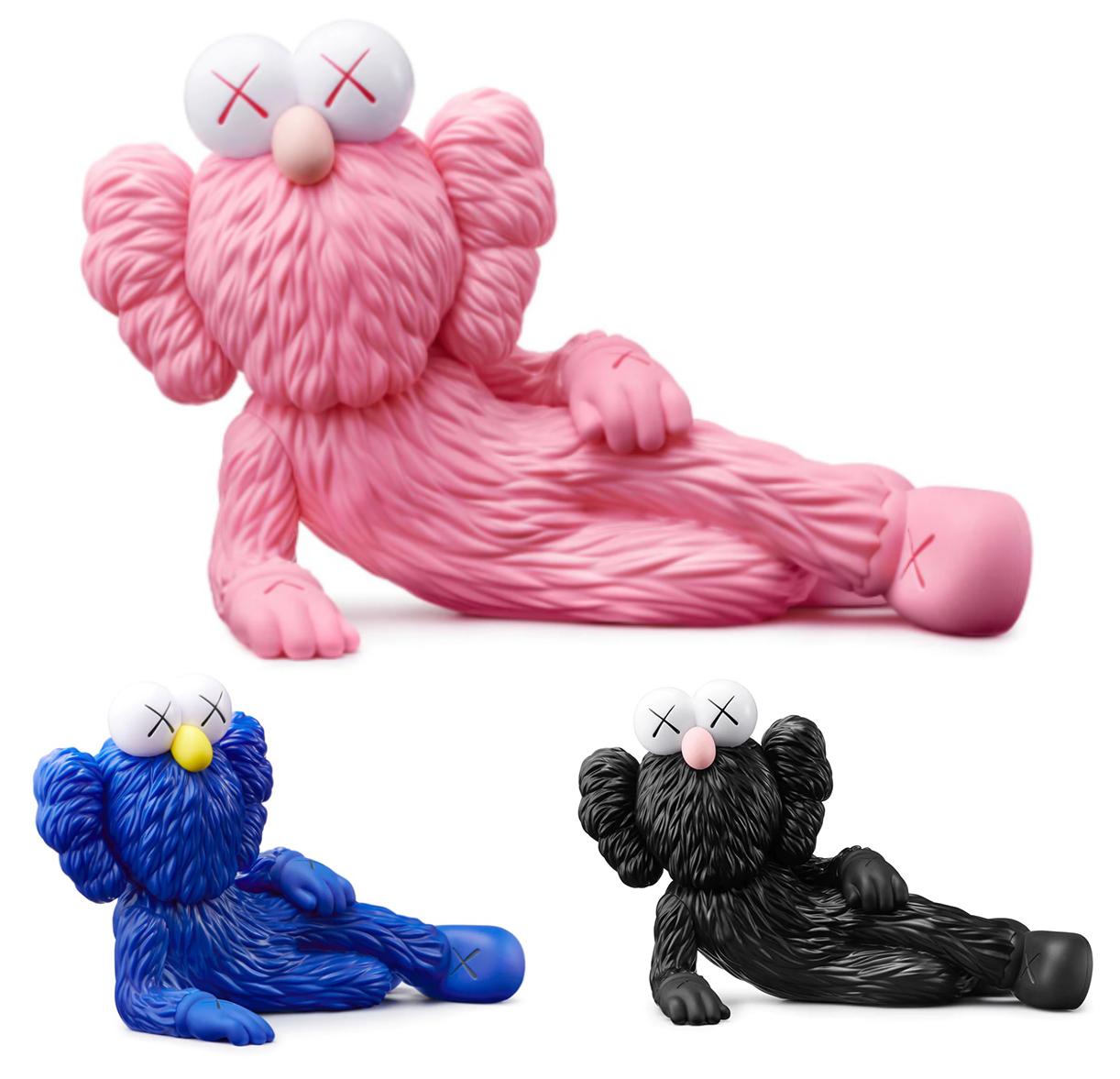 KAWS TIME OFF (complete set of 3 works):
A highly decorative KAWS Companion set featuring KAWS’ much popularized BFF Companion in a resting position. These brightly colored, highly collectible KAWS Companion art toys were published ahead of the