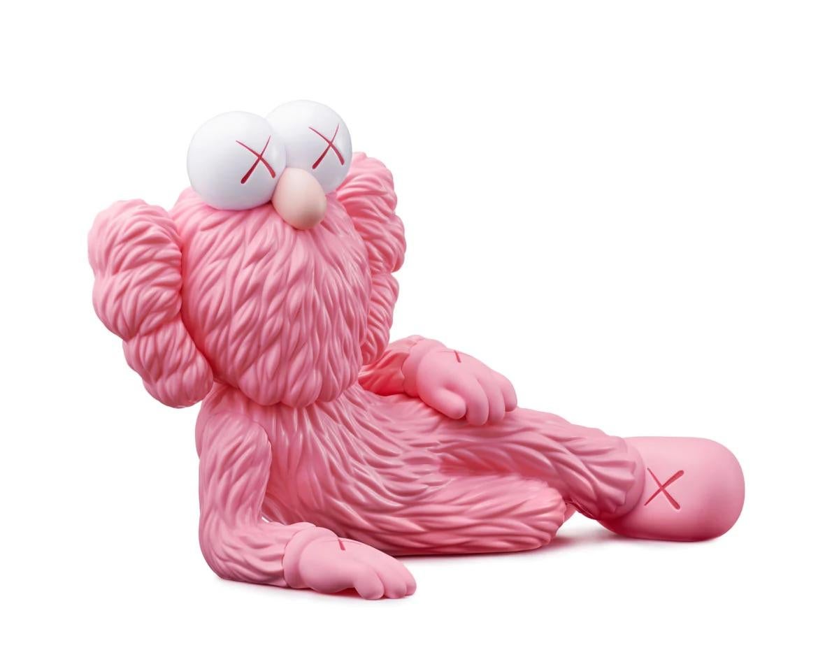 KAWS TIME OFF Pink:
A highly decorative KAWS Companion featuring a KAWS BFF Companion in a resting position. This brightly colored, highly collectible KAWS Companion art toy was published ahead of the exhibition: KAWS: TIME OFF at Skarstedt gallery,