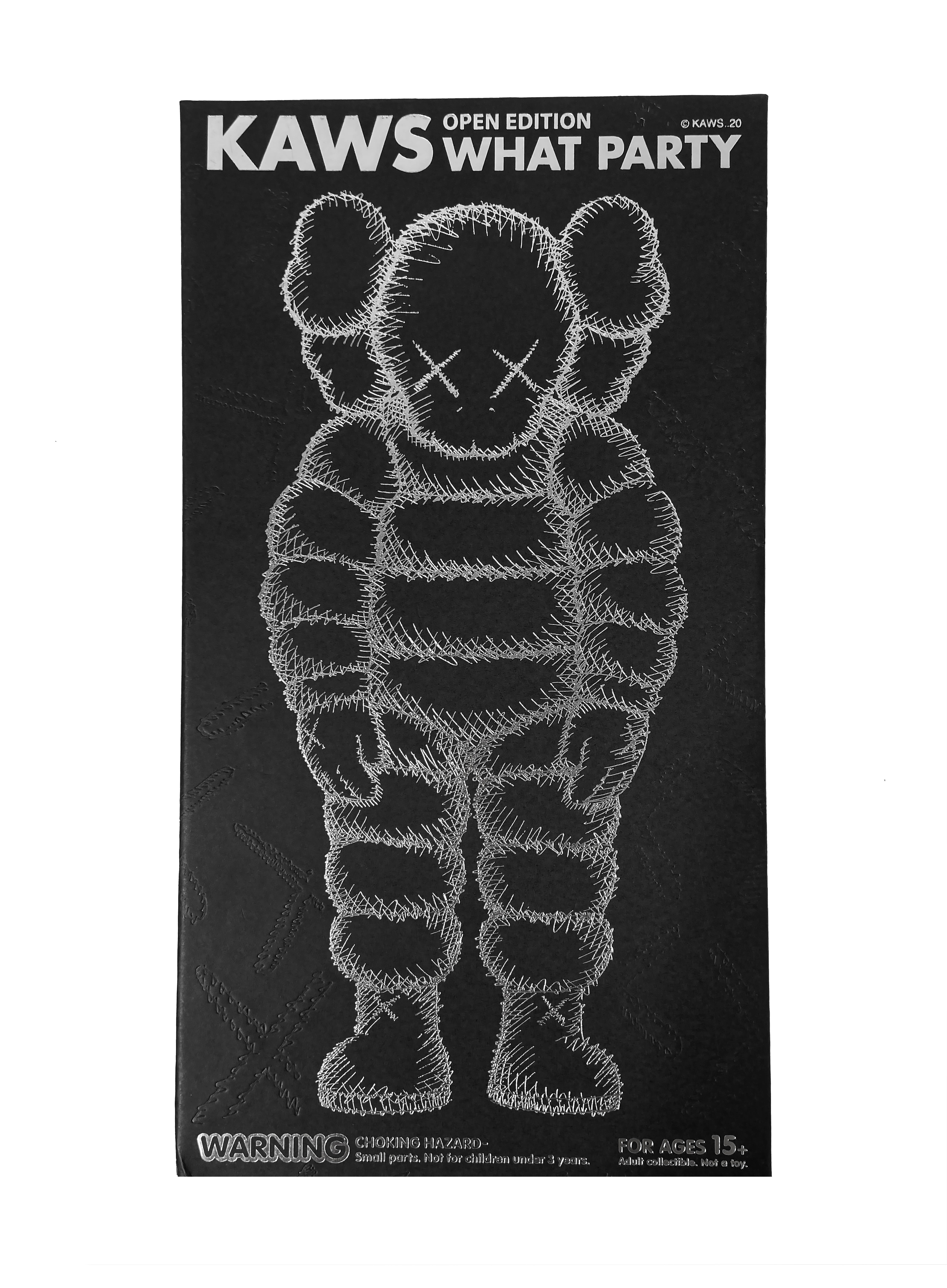 KAWS WHAT PARTY Black: 
This KAWS Companion vinyl sculpture features KAWS' signature CHUM character in a sloping position. Published to commemorate the debut of KAWS’ larger scale sculptural version of same at K11 Musea Hong Kong. New in original