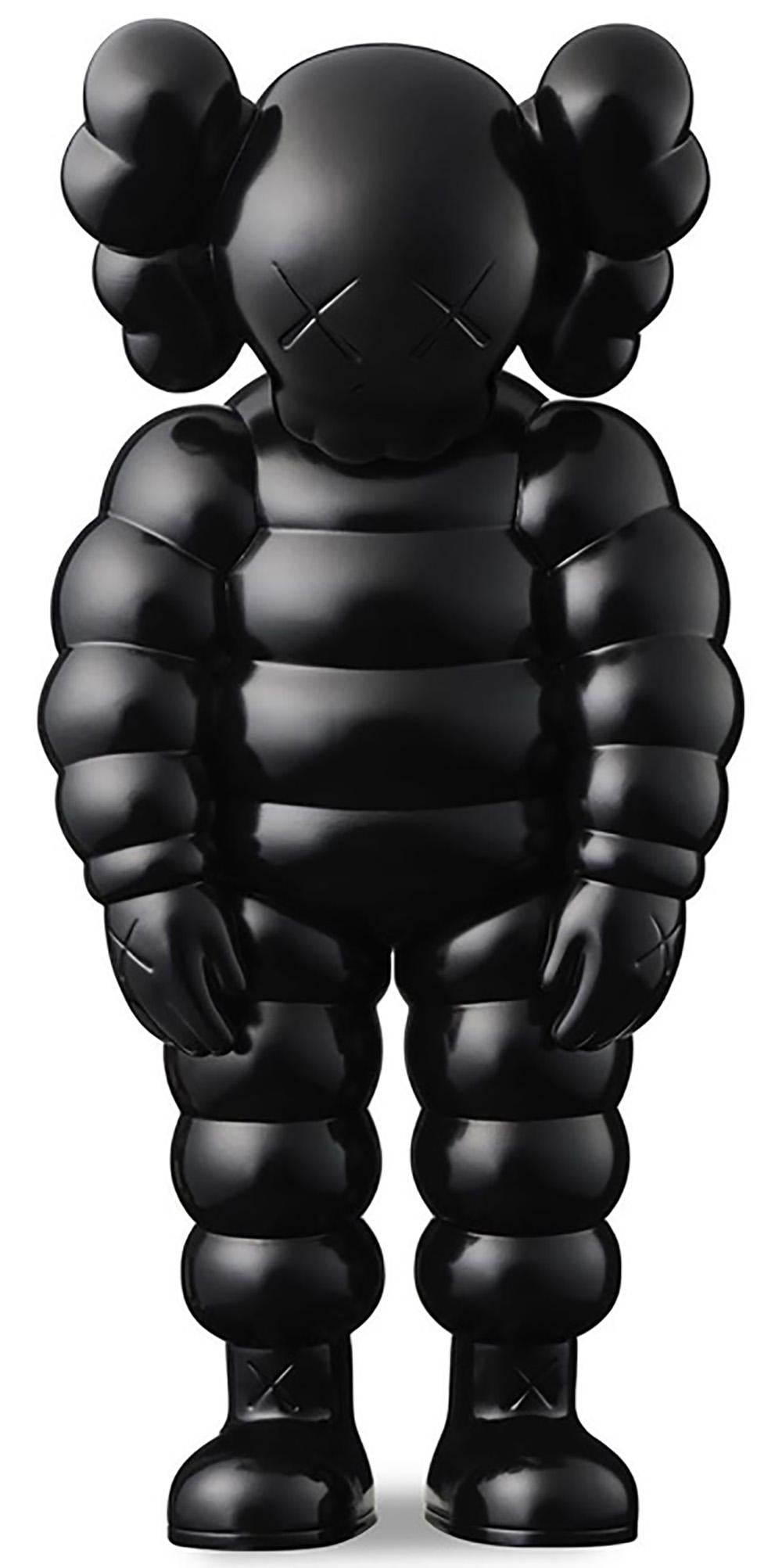 KAWS WHAT PARTY Black: 
This KAWS Companion vinyl sculpture features KAWS' signature CHUM character in a sloping position. Published to commemorate the debut of KAWS’ larger scale sculptural version of same at K11 Musea Hong Kong. New in original