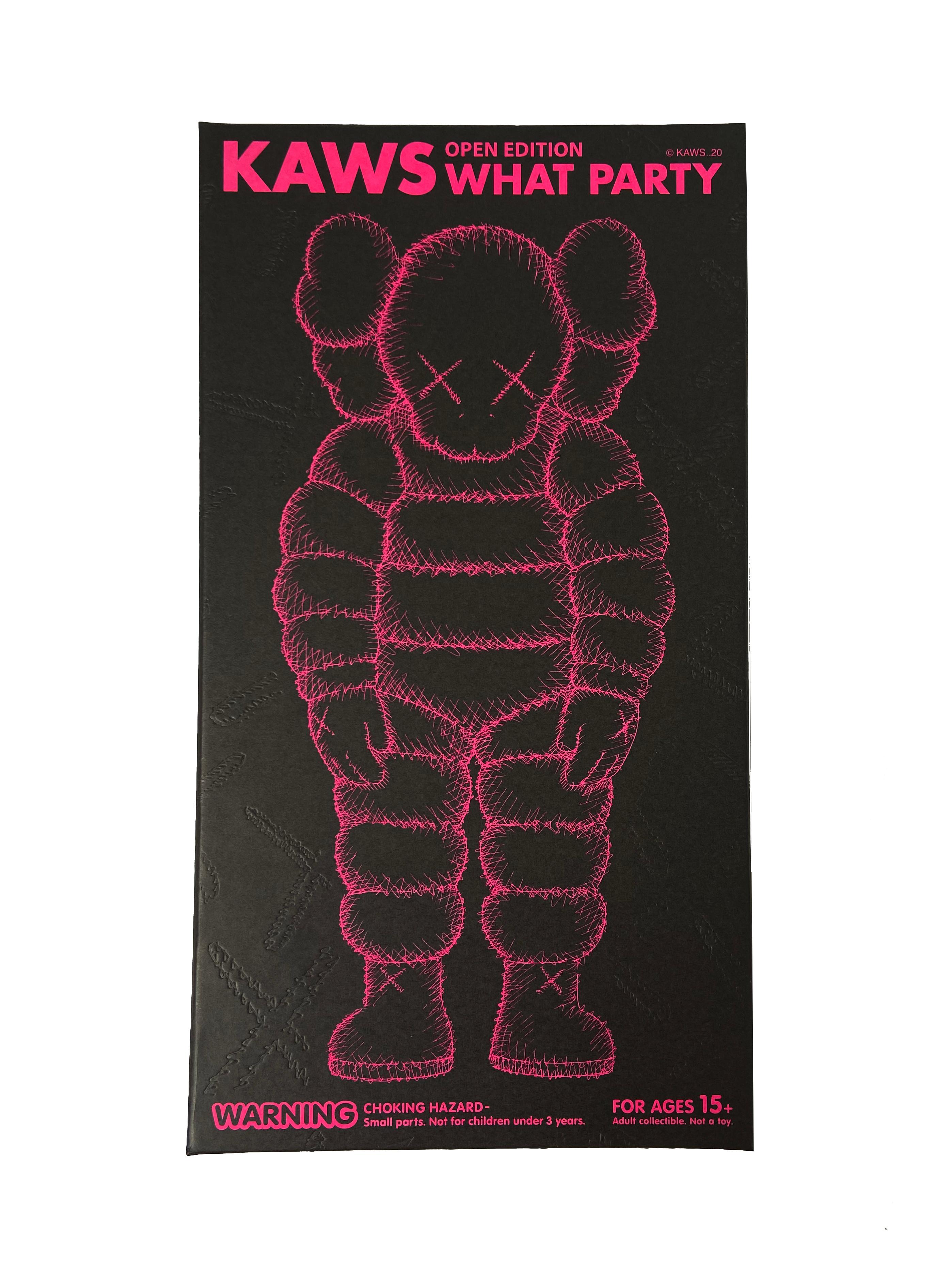 KAWS WHAT PARTY (pink):
KAWS pink WHAT PARTY Companion featuring KAWS' CHUM character in a hunched position. Published to commemorate the debut of KAWS’ larger scale sculptural version of same at K11 Musea Hong Kong & The Brooklyn Museum. Each new