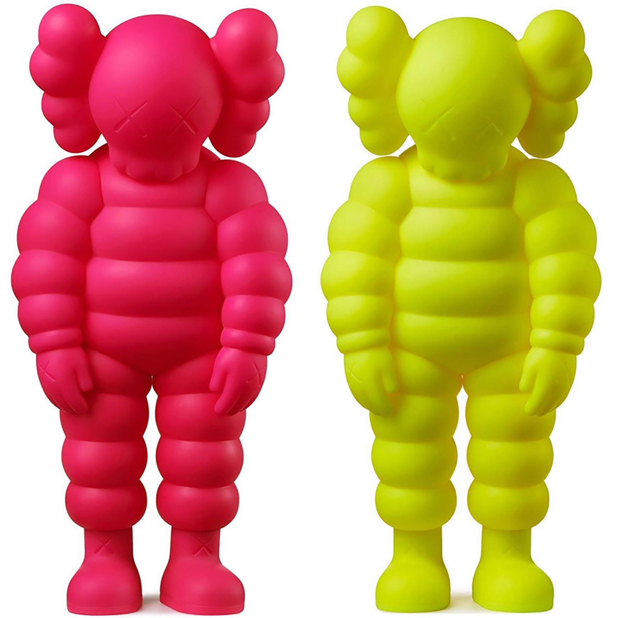 KAWS WHAT PARTY (Set of 2 works: pink 
yellow)
2 individual KAWS Companions featuring KAWS
 CHUM character in a hunched position. Published to commemorate the debut of KAWS’ larger scale sculptural version of same at K11 Musea Hong Kong 
The