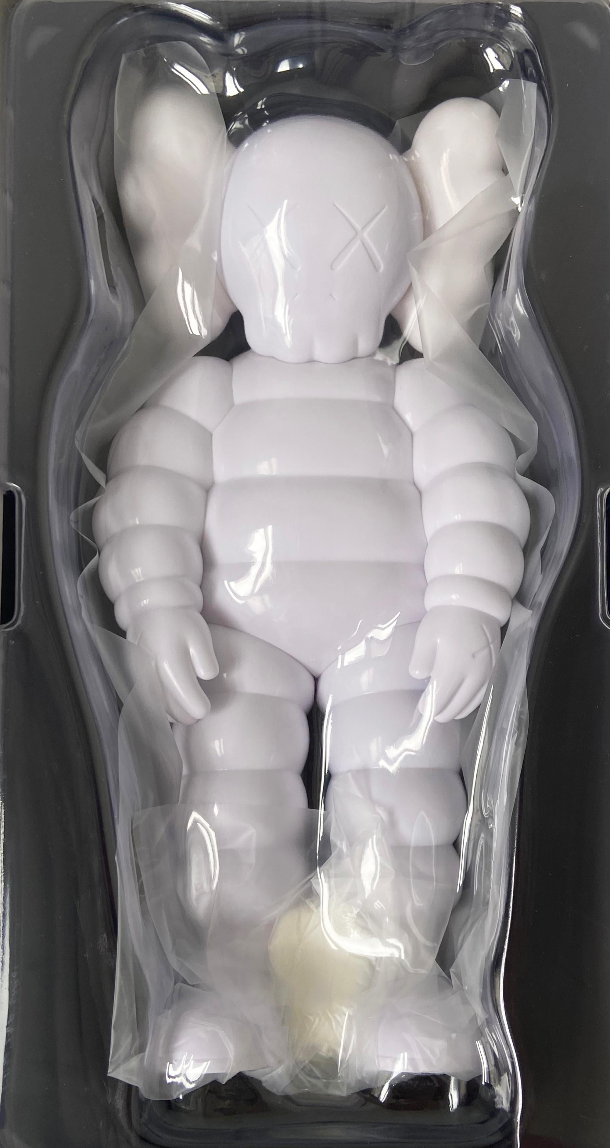 KAWS WHAT PARTY White: 
This KAWS Companion vinyl sculpture features KAWS' CHUM character in a hunched position. Published to commemorate the debut of KAWS’ larger scale sculptural version of same at K11 Musea Hong Kong. New in original packaging.