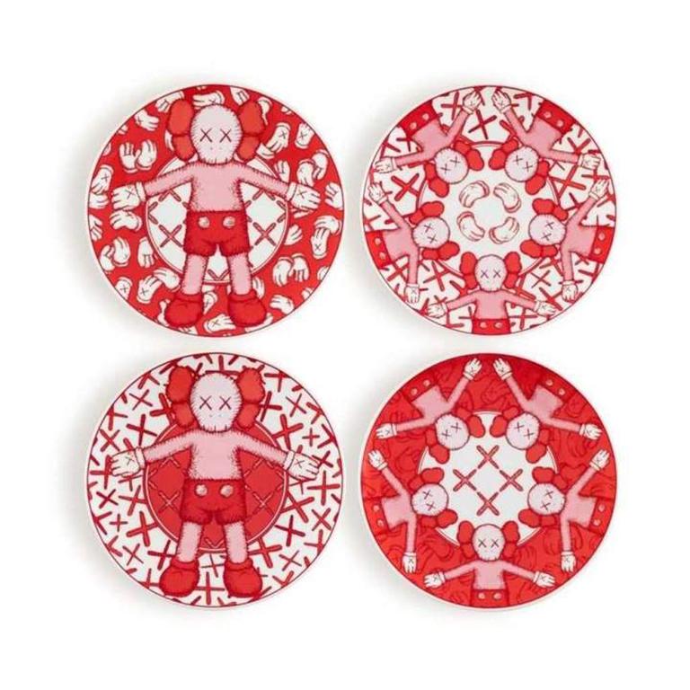 Limited Ceramic Plate Set - Red (Set of 4) - Sculpture by KAWS