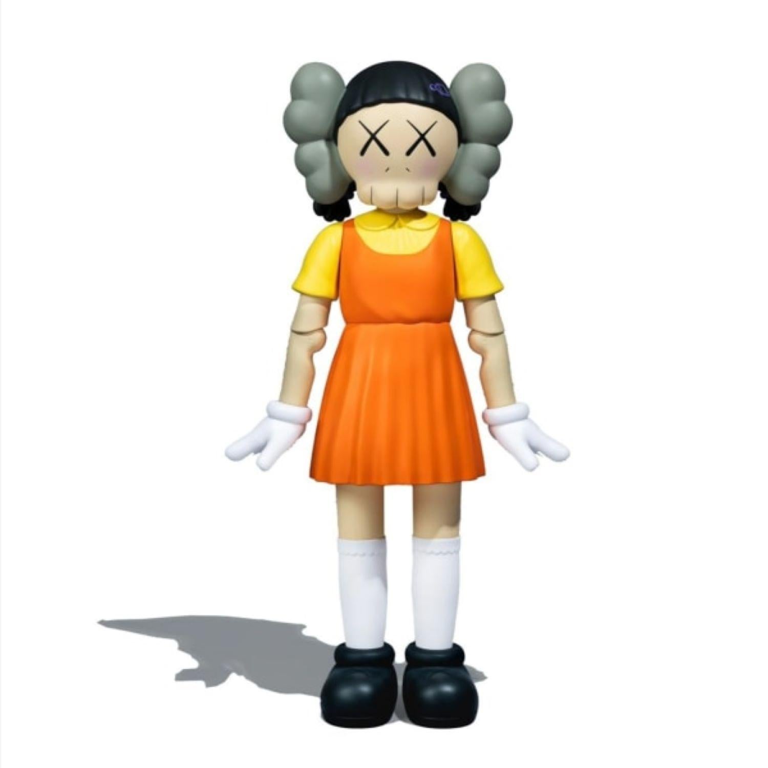 Squid Games: Young-hee (Coloured)

By KAWS

KAWS, the pseudonym of American artist Brian Donnelly, is widely recognized for his
distinctive blend of street art and pop culture iconography. Renowned for his reinterpretations of familiar characters,