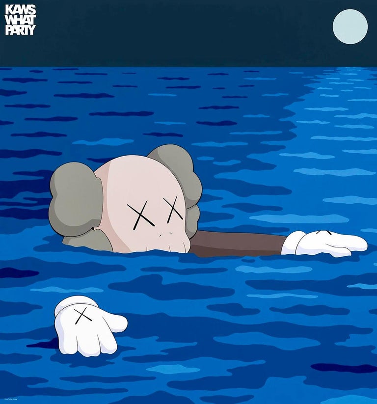 KAWS 'TIDE' poster 2021 
This classic KAWS poster features the artists signature Companion figure floating in a moonlit ocean and was published on the occasion of the much heralded 2021 KAWS: What Party exhibition at the Brooklyn Museum. This large