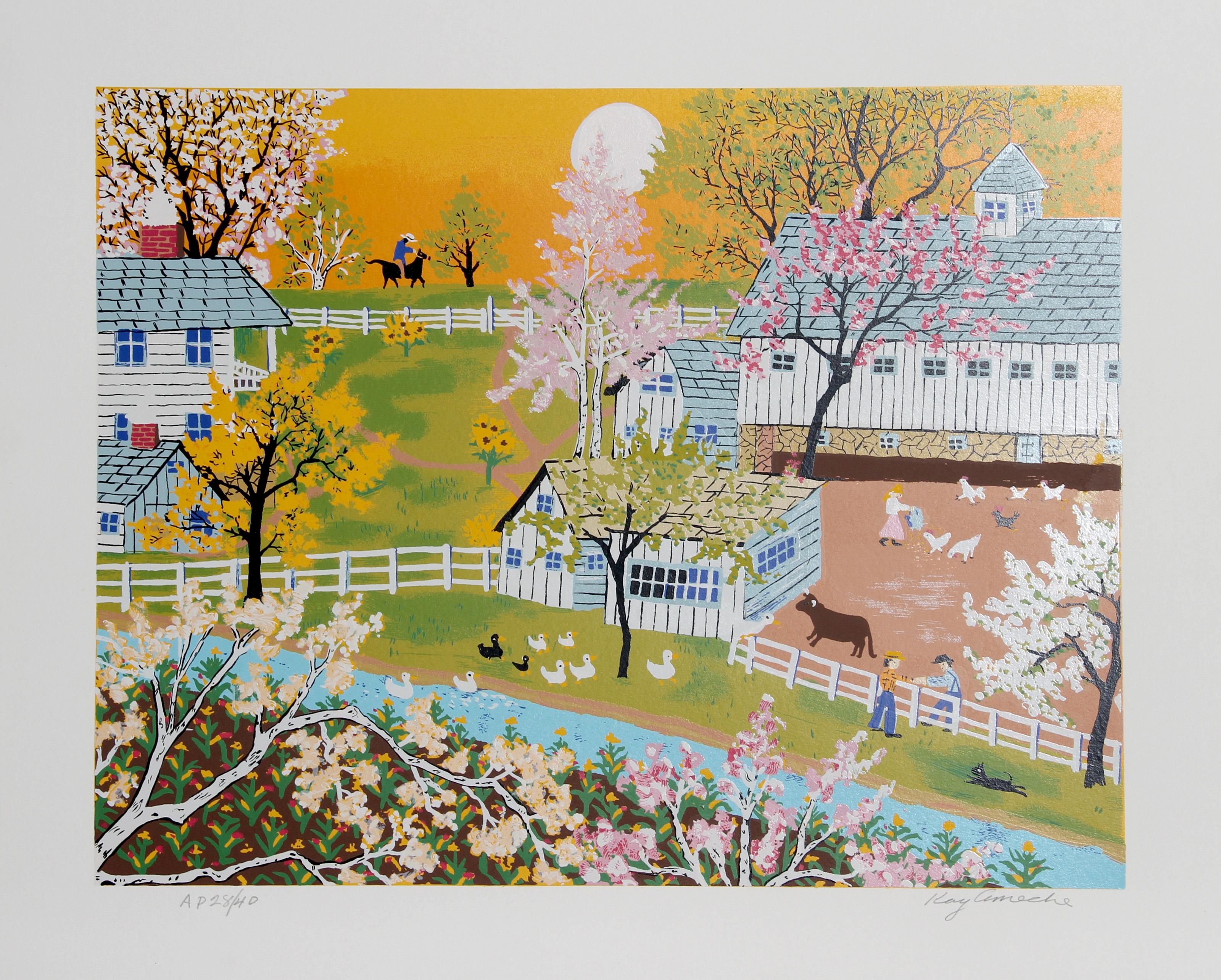Kaye Ameche, americana (1904 - 2005) - Un giorno in fattoria, Anno:  1981, Medio:  Serigrafia, firmata e numerata a matita, Edizione:  200, AP 40, Dimensioni immagine:  17 x 22 pollici, Dimensioni:  22.5 in. x 27 in. (57.15 cm x 68.58 cm),
